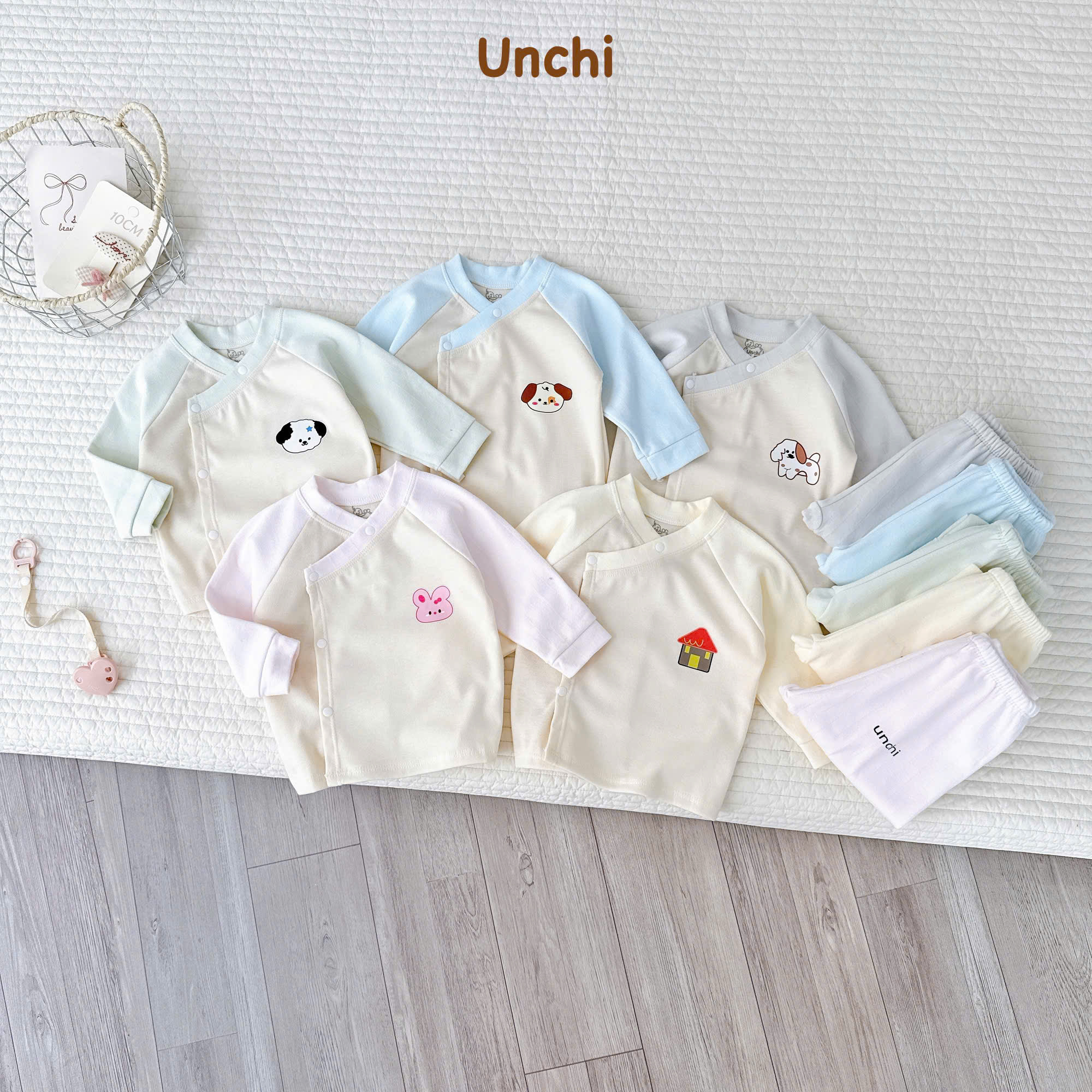 ( UD24 ) Bộ Quần Áo Nỉ Dài Tay Unchi Màu Dễ Thương Cho Bé 0-9kg Size 0-3kg & 3-9kg