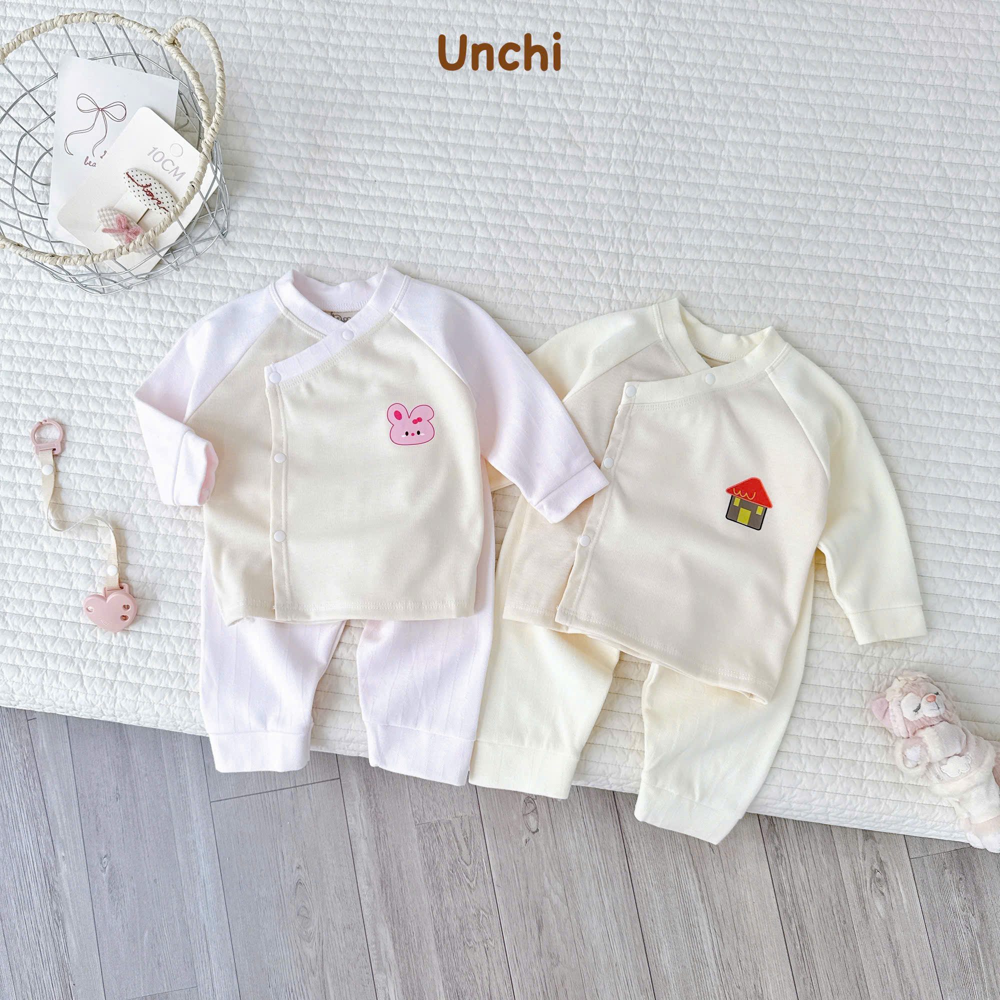 ( UD24 ) Bộ Quần Áo Nỉ Dài Tay Unchi Màu Dễ Thương Cho Bé 0-9kg Size 0-3kg & 3-9kg — ảnh 3