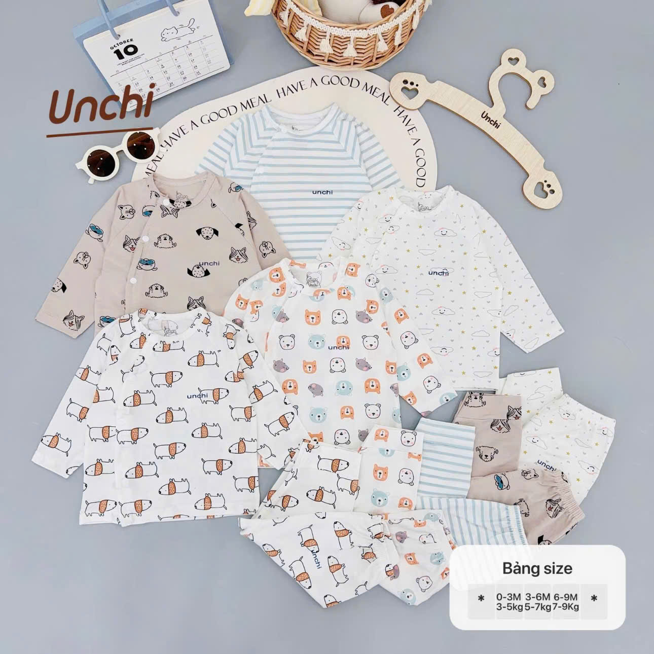 ( UD2 ) Bộ dài tay sơ sinh Unchi cotton mỏng - họa tiết hoạt hình cho bé 0-9 tháng