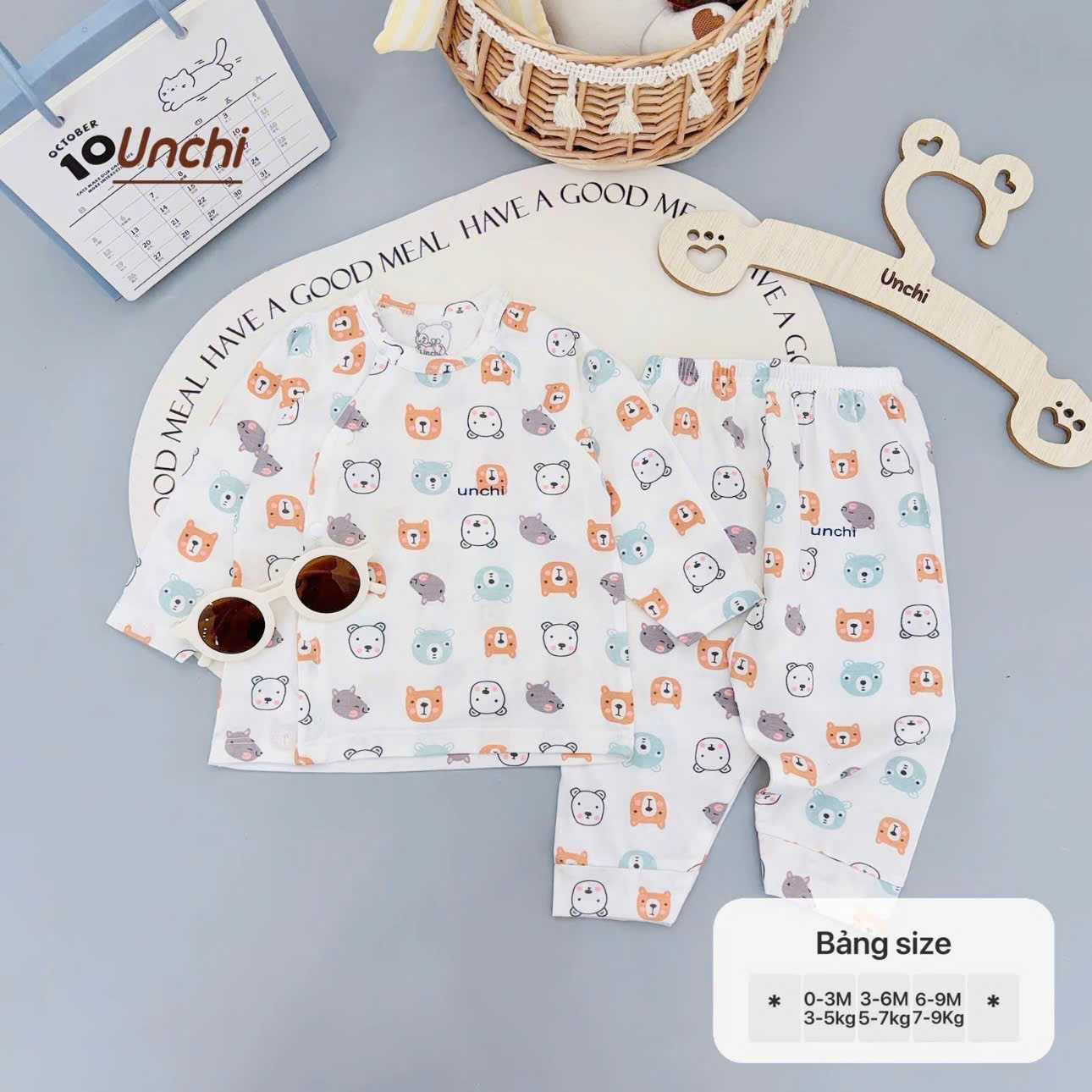 ( UD2 ) Bộ dài tay sơ sinh Unchi cotton mỏng - họa tiết hoạt hình cho bé 0-9 tháng — ảnh 4