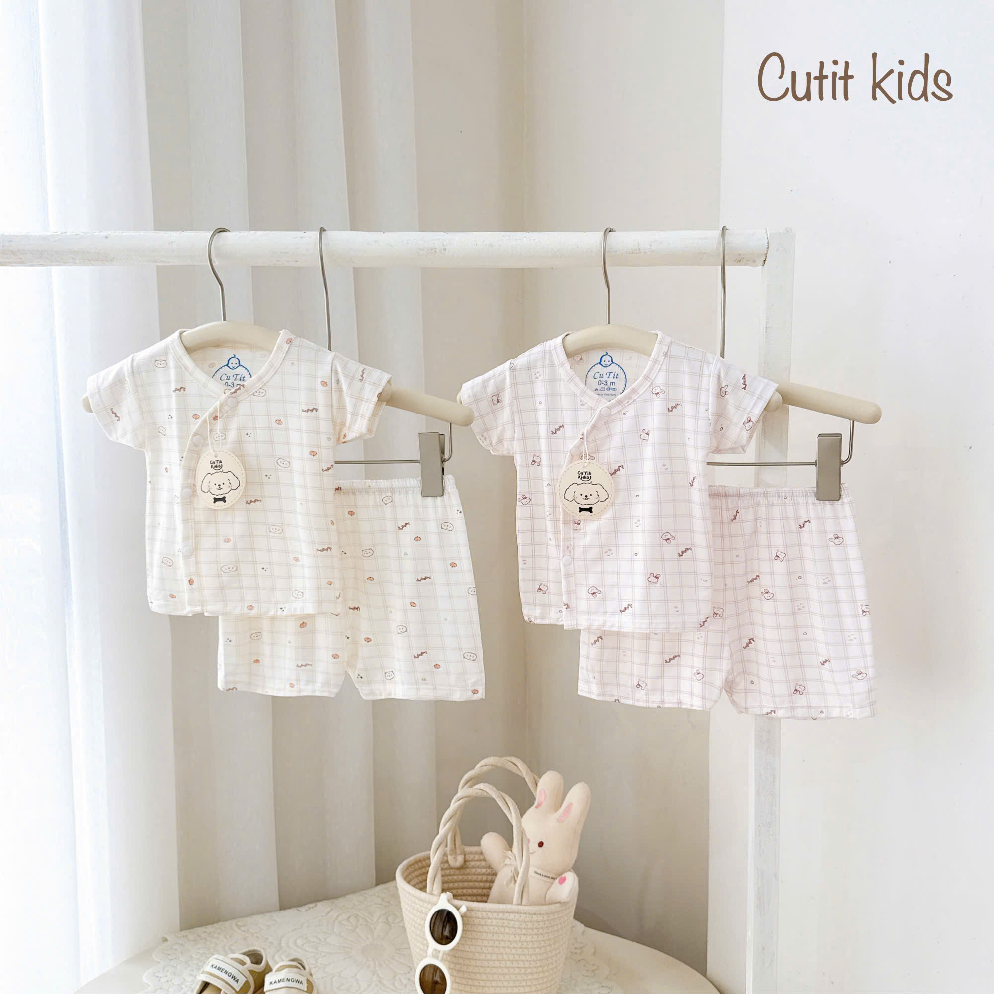 ( CT2 ) Bộ cộc tay sơ sinh kẻ caro, vải cotton mềm co giãn cho bé 0-9 tháng — ảnh 3