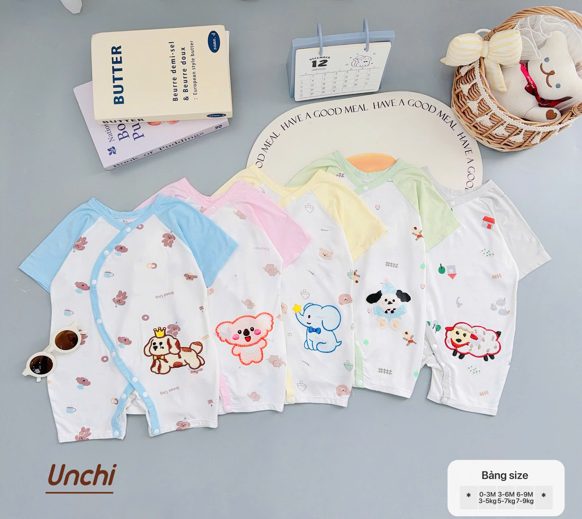 ( BDC1 ) Body sơ sinh cộc tay Unchi cài chéo, họa tiết hoạt hình cho bé 0-9 tháng