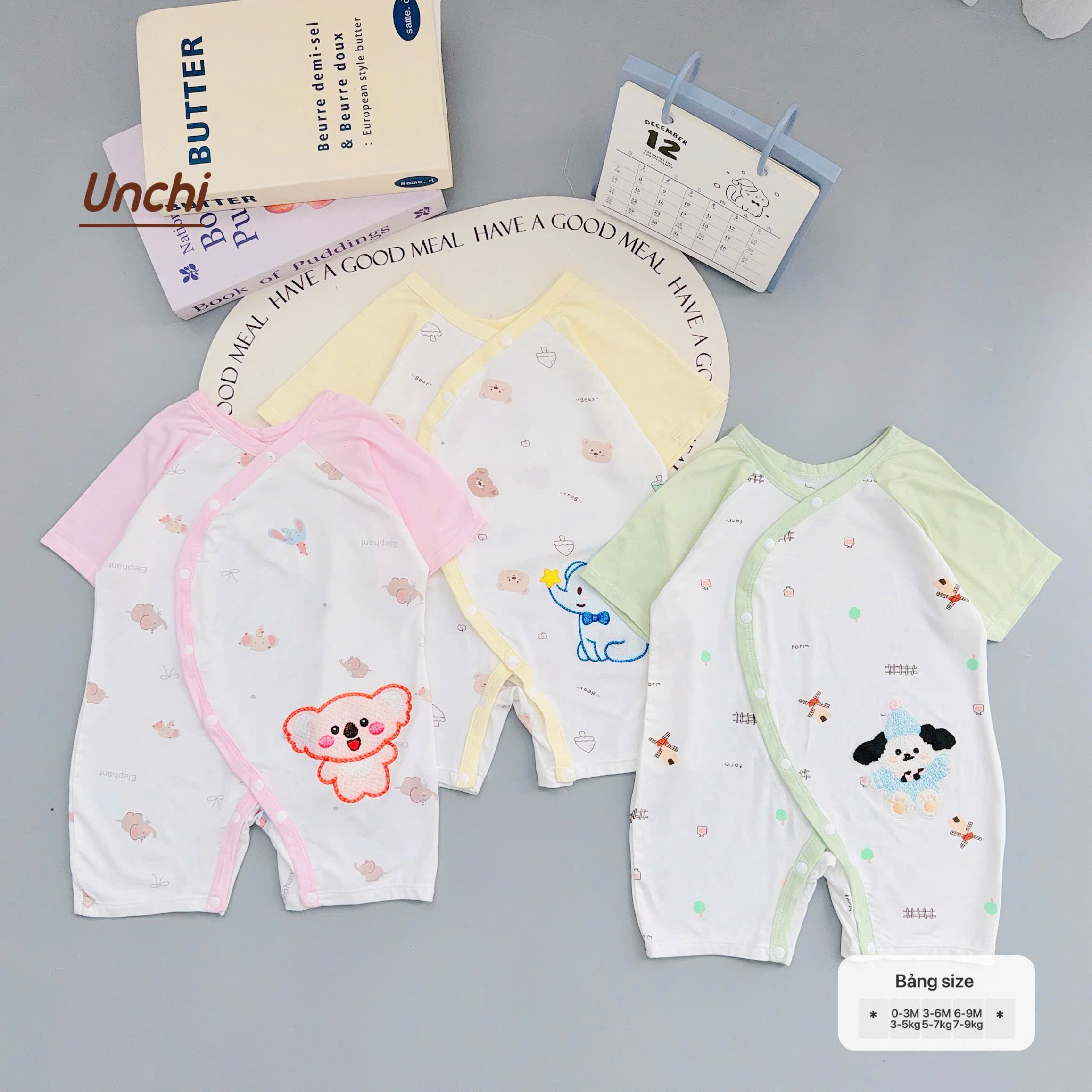 ( BDC1 ) Body sơ sinh cộc tay Unchi cài chéo, họa tiết hoạt hình cho bé 0-9 tháng — ảnh 2