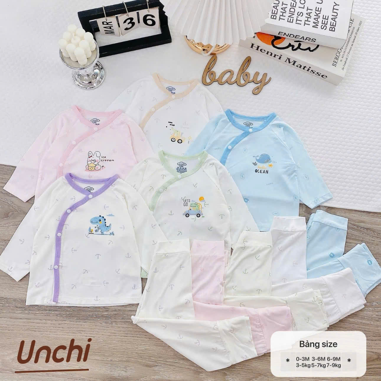 ( UD13 )Bộ dài tay sơ sinh Unchi cài lệch - quần cạp cao giữ ấm bụng cho bé 0-9 tháng