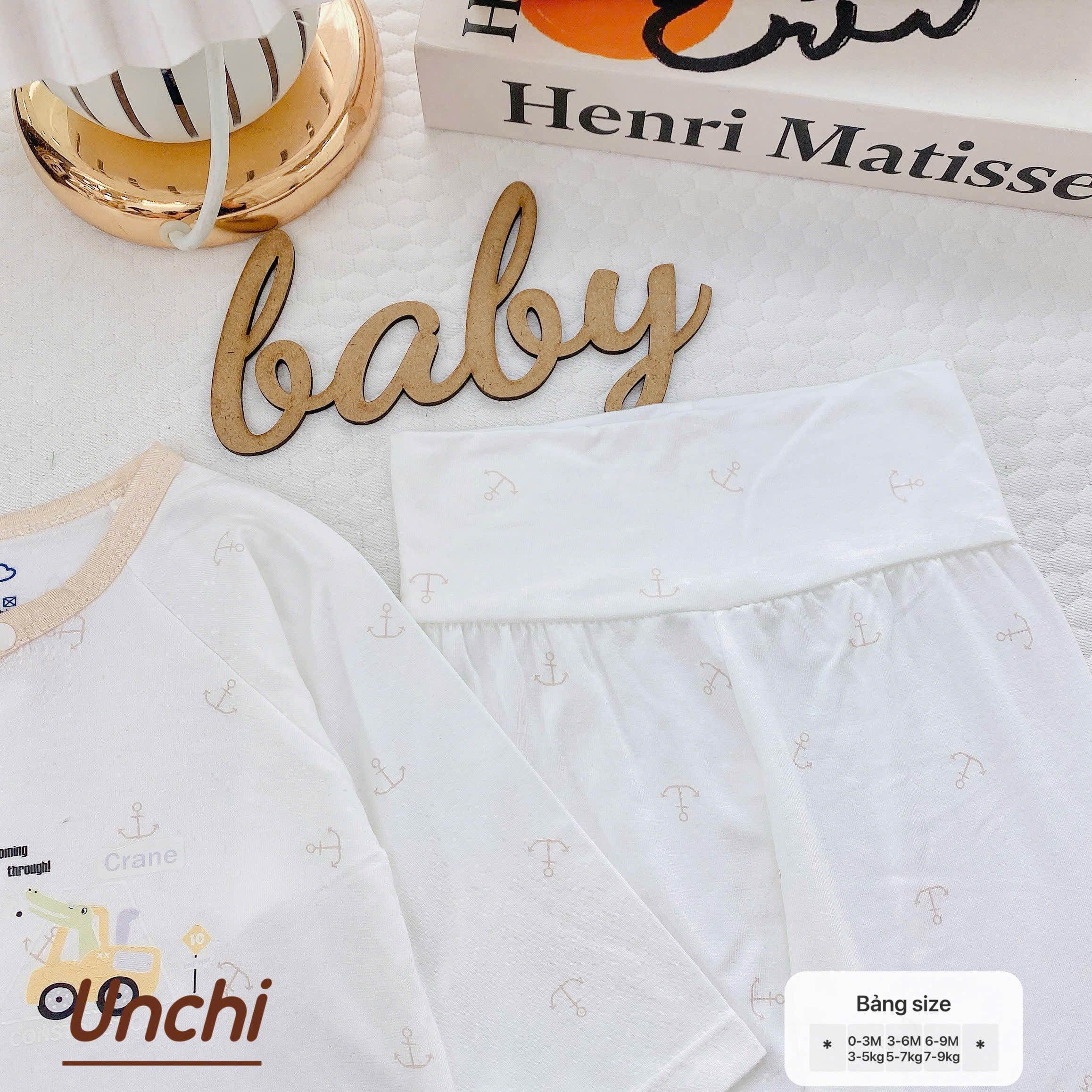 ( UD13 )Bộ dài tay sơ sinh Unchi cài lệch - quần cạp cao giữ ấm bụng cho bé 0-9 tháng — ảnh 3