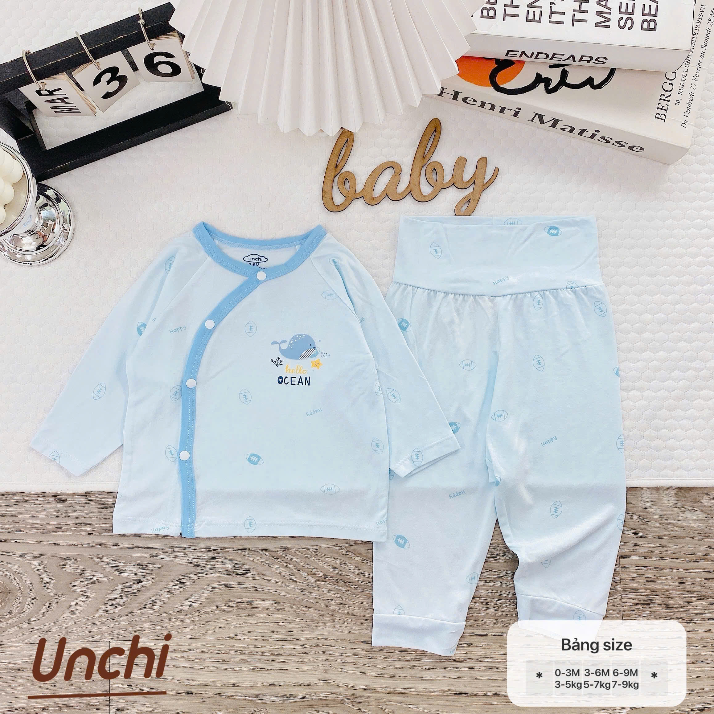 ( UD13 )Bộ dài tay sơ sinh Unchi cài lệch - quần cạp cao giữ ấm bụng cho bé 0-9 tháng — ảnh 4