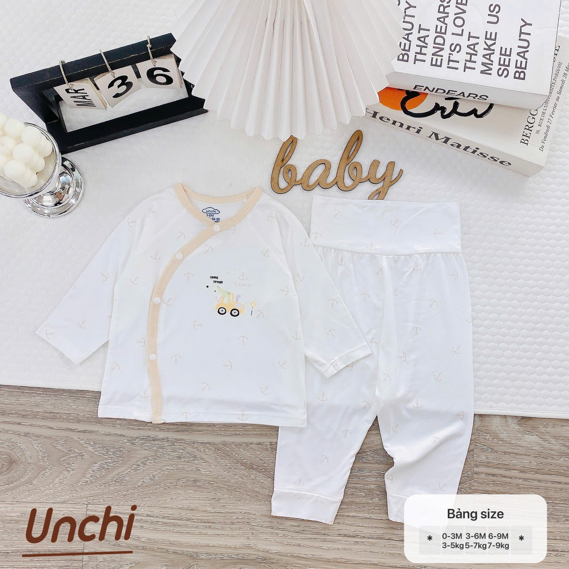 ( UD13 )Bộ dài tay sơ sinh Unchi cài lệch - quần cạp cao giữ ấm bụng cho bé 0-9 tháng — ảnh 5