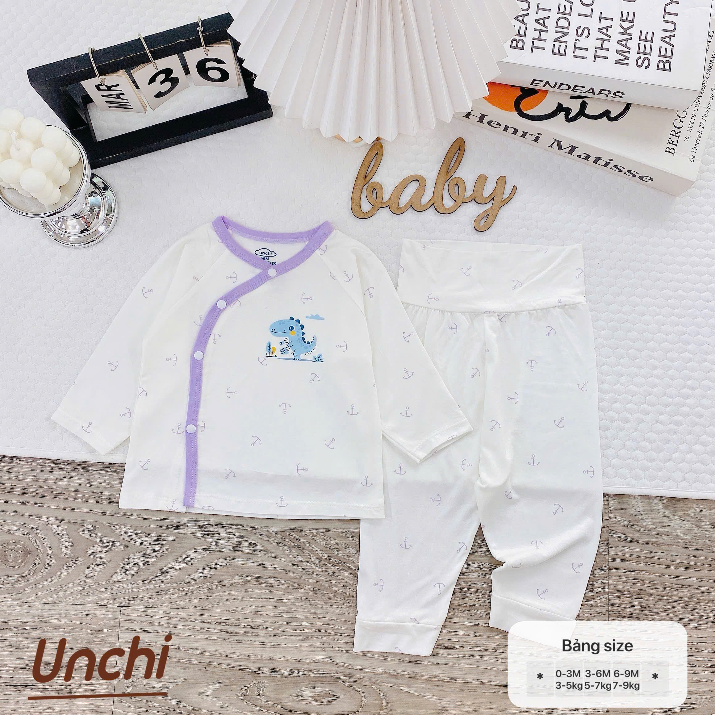 ( UD13 )Bộ dài tay sơ sinh Unchi cài lệch - quần cạp cao giữ ấm bụng cho bé 0-9 tháng — ảnh 6