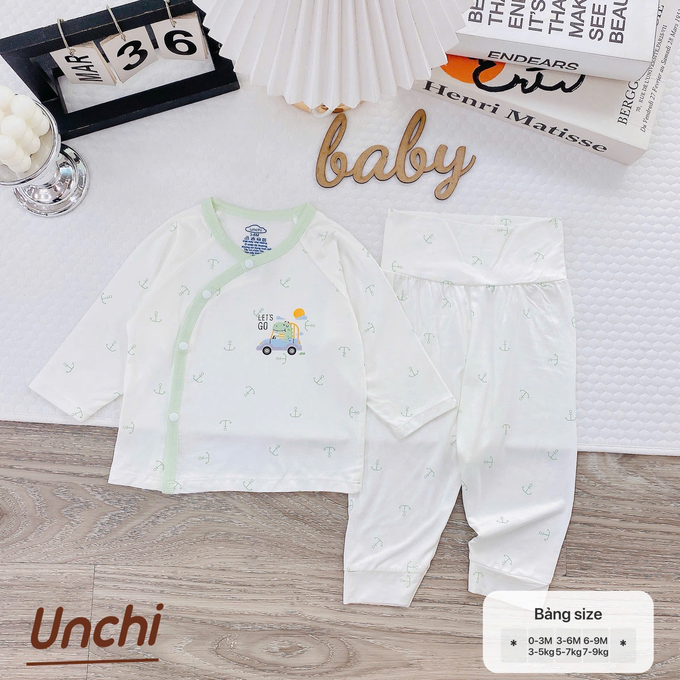 ( UD13 )Bộ dài tay sơ sinh Unchi cài lệch - quần cạp cao giữ ấm bụng cho bé 0-9 tháng — ảnh 7