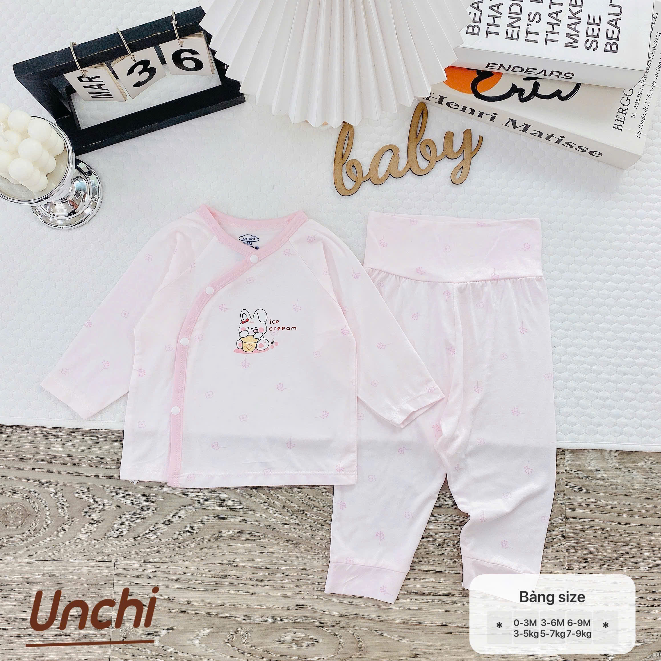 ( UD13 )Bộ dài tay sơ sinh Unchi cài lệch - quần cạp cao giữ ấm bụng cho bé 0-9 tháng — ảnh 8