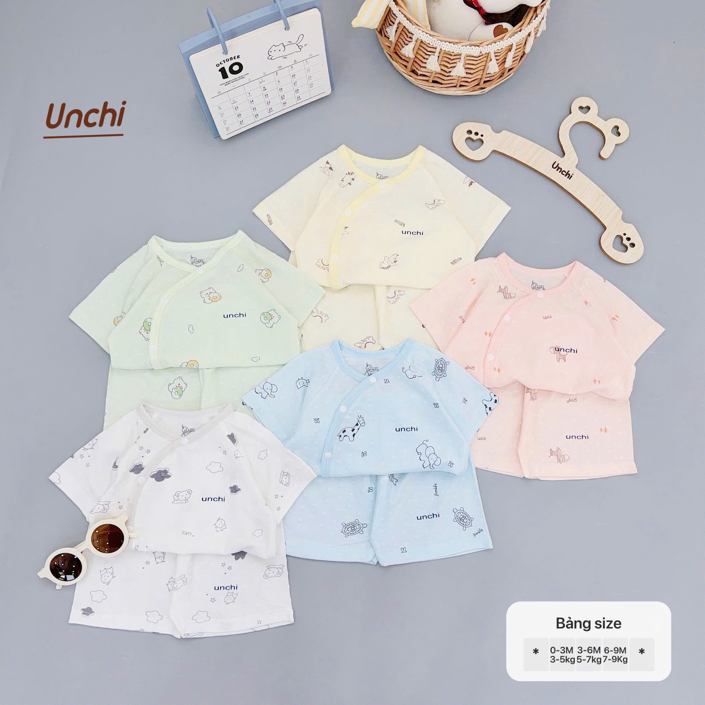 ( UC20 ) Bộ Cộc Tay Unchi Vân Nổi Hoạ Tiết Xinh, Mềm mỏng thoáng mát Cho Bé 0-9 Tháng