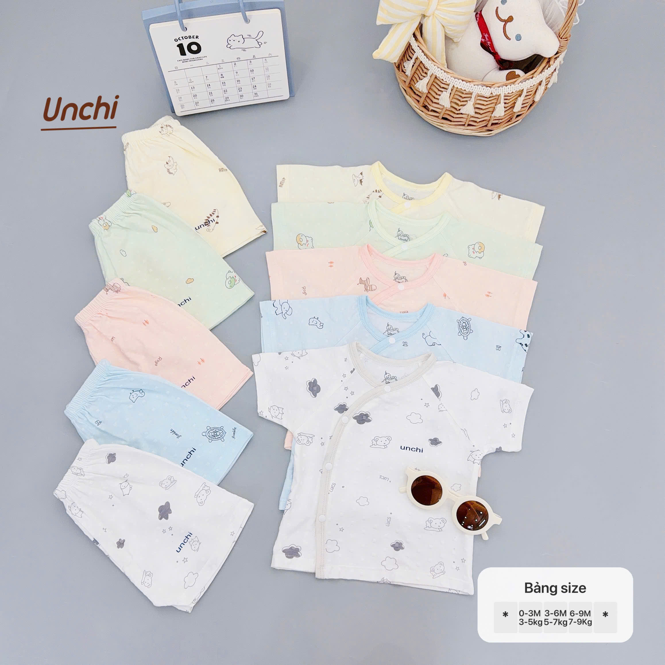 ( UC20 ) Bộ Cộc Tay Unchi Vân Nổi Hoạ Tiết Xinh, Mềm mỏng thoáng mát Cho Bé 0-9 Tháng — ảnh 2