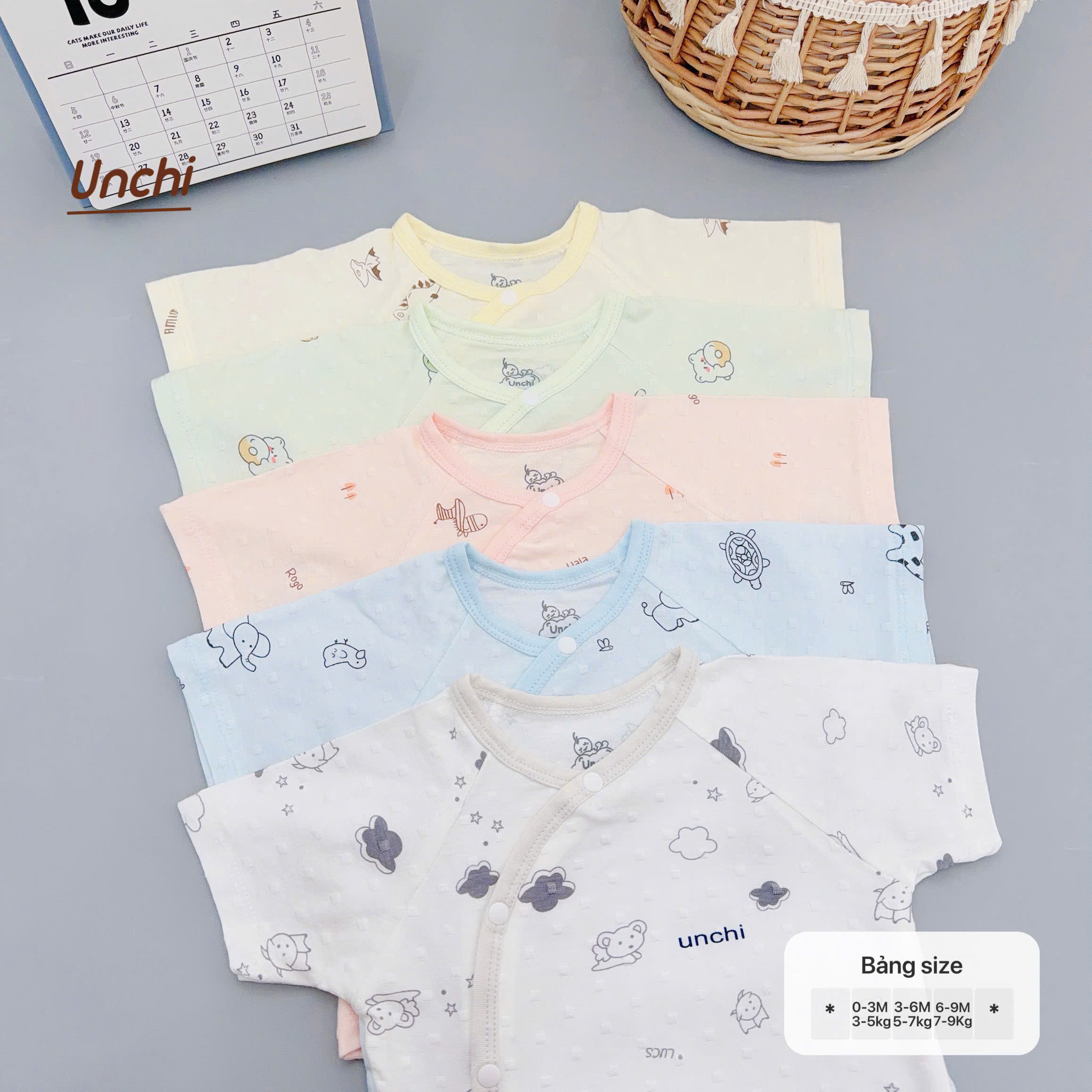 ( UC20 ) Bộ Cộc Tay Unchi Vân Nổi Hoạ Tiết Xinh, Mềm mỏng thoáng mát Cho Bé 0-9 Tháng — ảnh 3