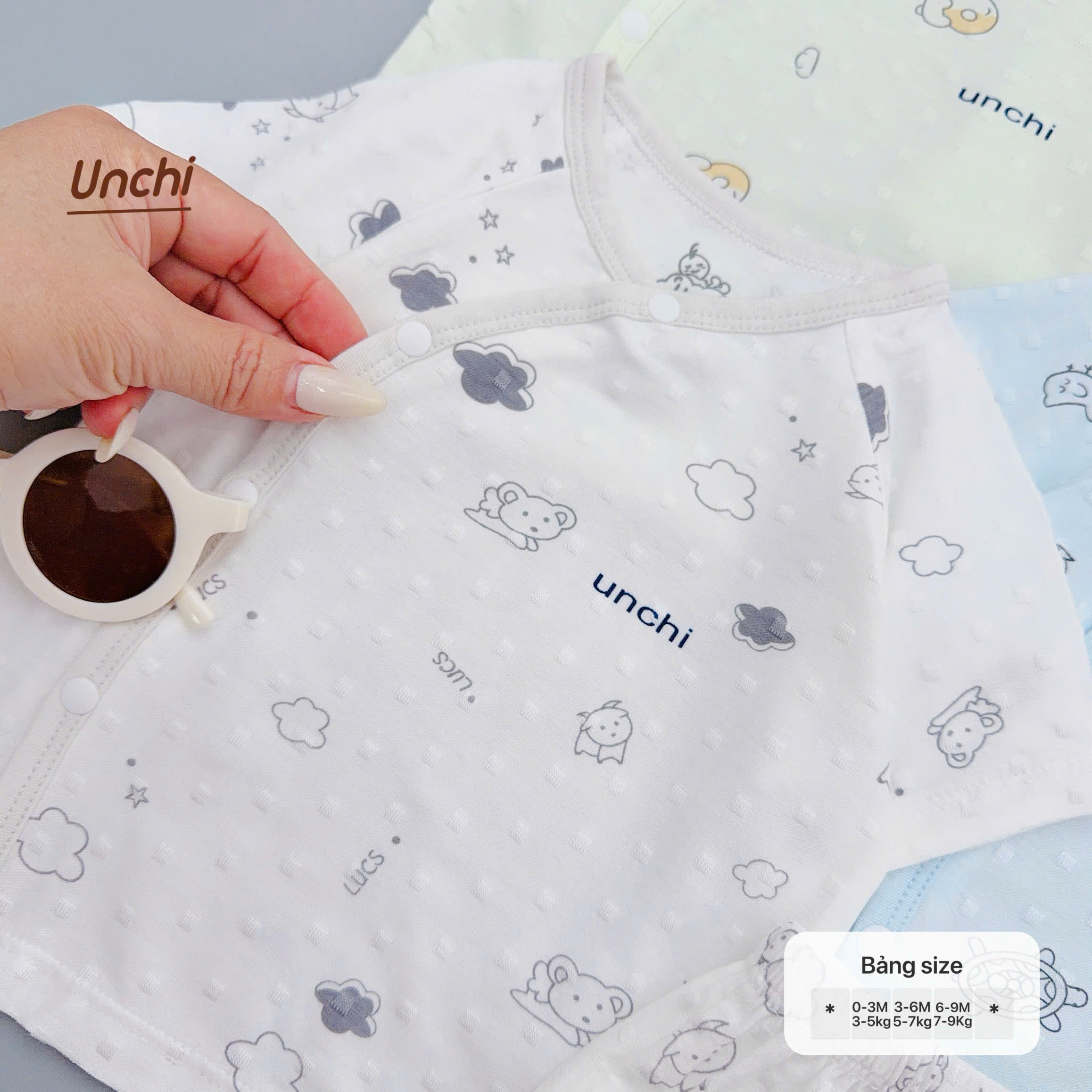 ( UC20 ) Bộ Cộc Tay Unchi Vân Nổi Hoạ Tiết Xinh, Mềm mỏng thoáng mát Cho Bé 0-9 Tháng — ảnh 4
