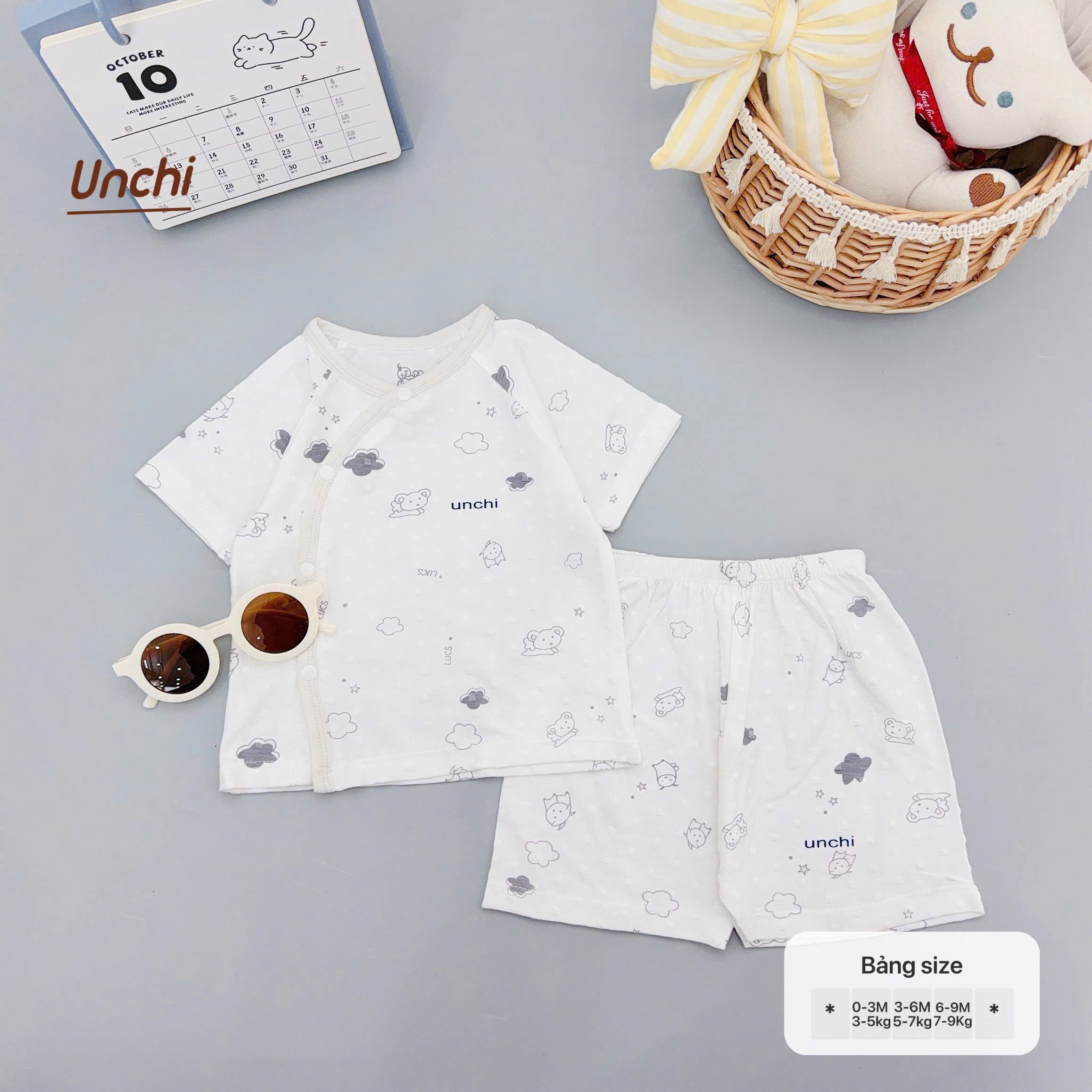 ( UC20 ) Bộ Cộc Tay Unchi Vân Nổi Hoạ Tiết Xinh, Mềm mỏng thoáng mát Cho Bé 0-9 Tháng — ảnh 5