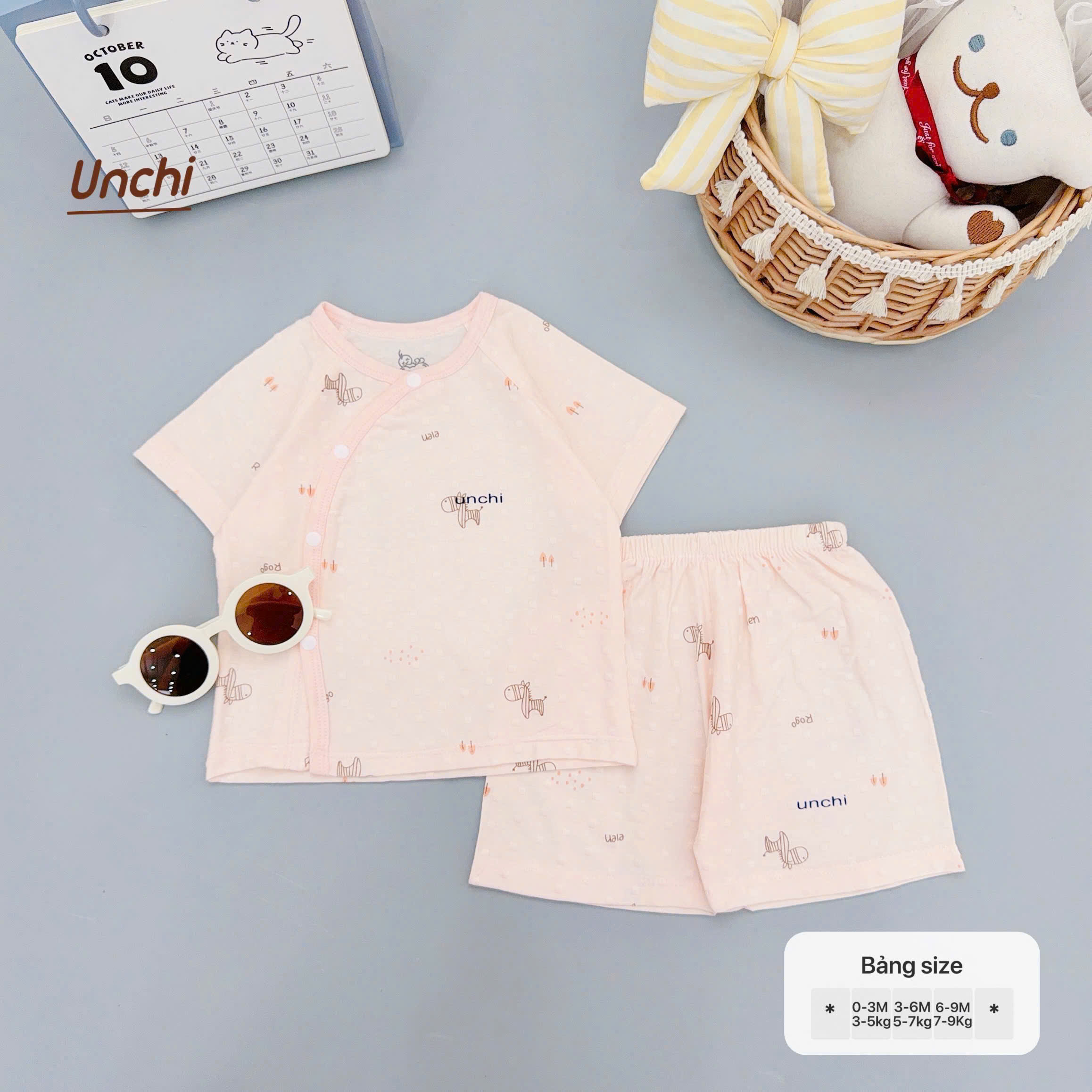 ( UC20 ) Bộ Cộc Tay Unchi Vân Nổi Hoạ Tiết Xinh, Mềm mỏng thoáng mát Cho Bé 0-9 Tháng — ảnh 6
