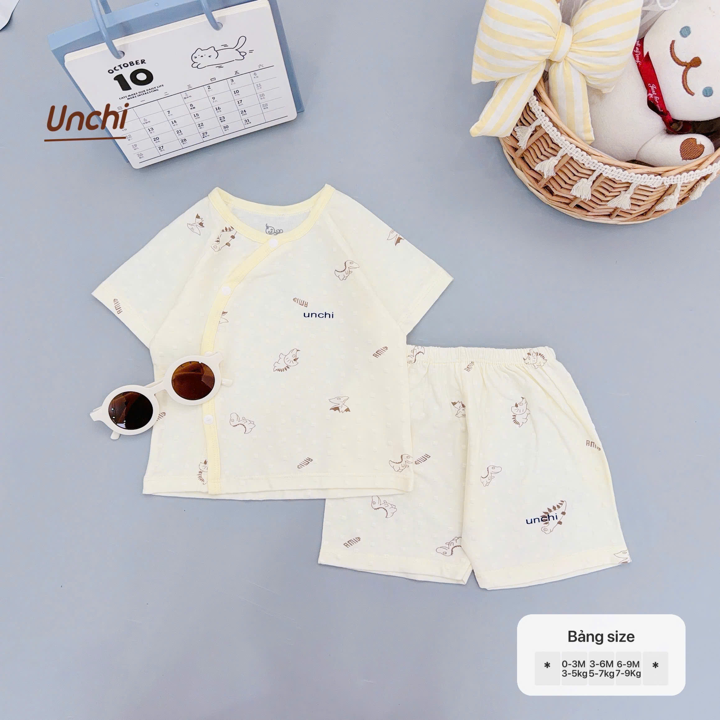 ( UC20 ) Bộ Cộc Tay Unchi Vân Nổi Hoạ Tiết Xinh, Mềm mỏng thoáng mát Cho Bé 0-9 Tháng — ảnh 7
