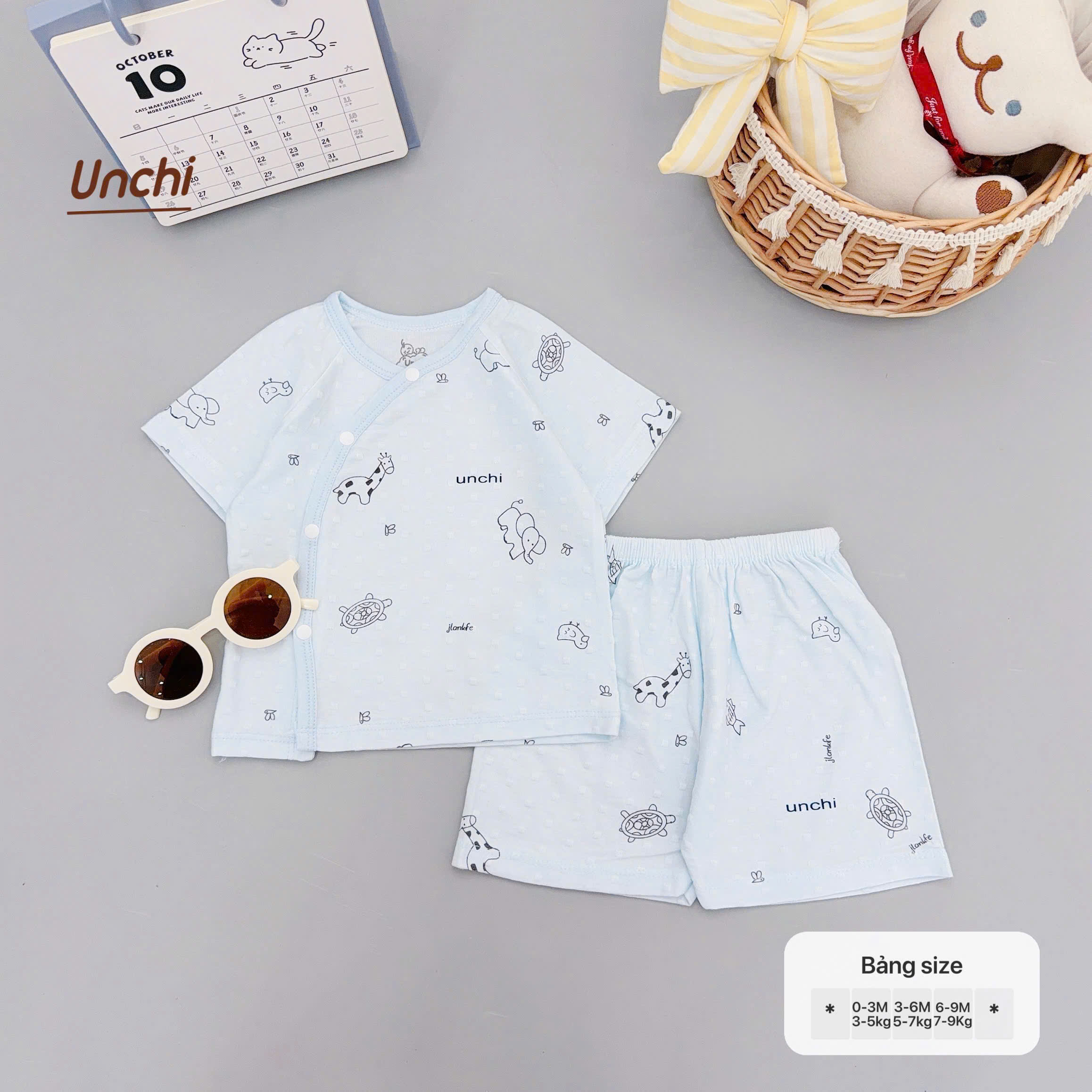 ( UC20 ) Bộ Cộc Tay Unchi Vân Nổi Hoạ Tiết Xinh, Mềm mỏng thoáng mát Cho Bé 0-9 Tháng — ảnh 8