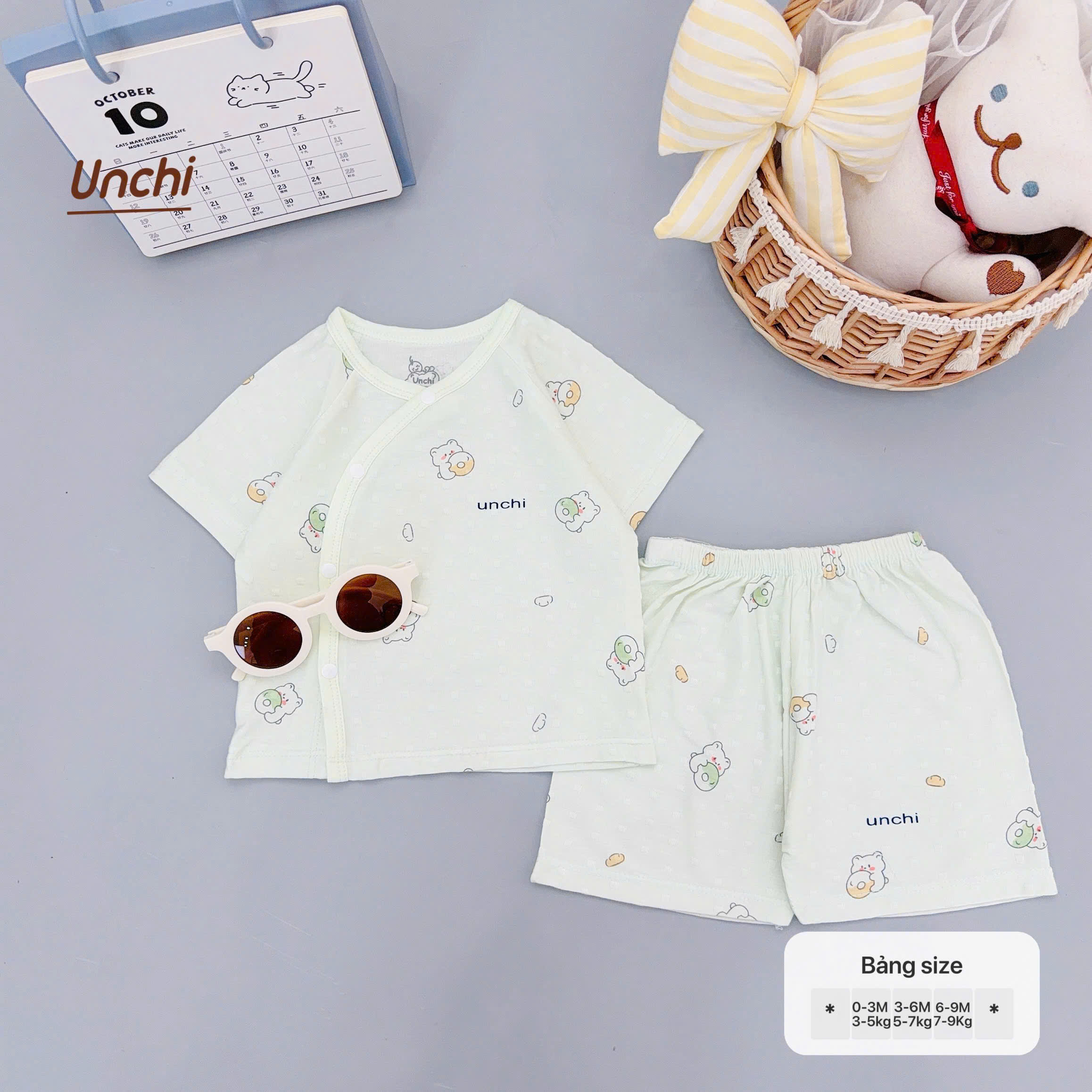 ( UC20 ) Bộ Cộc Tay Unchi Vân Nổi Hoạ Tiết Xinh, Mềm mỏng thoáng mát Cho Bé 0-9 Tháng — ảnh 9