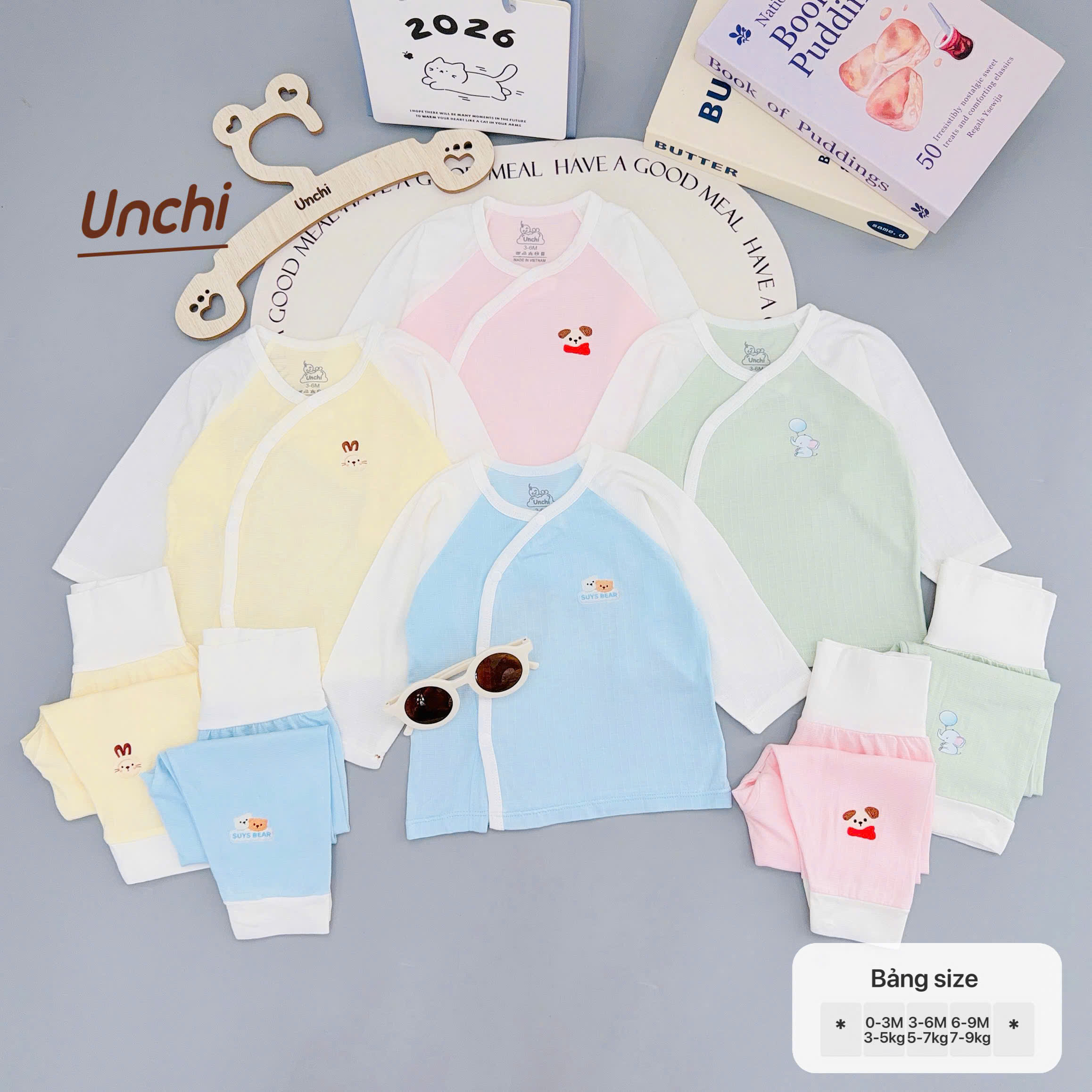 ( UD19 ) Bộ dài tay sơ sinh Unchi cạp cao, bamboo sợi tre vân nổi cho bé 0-9 Tháng