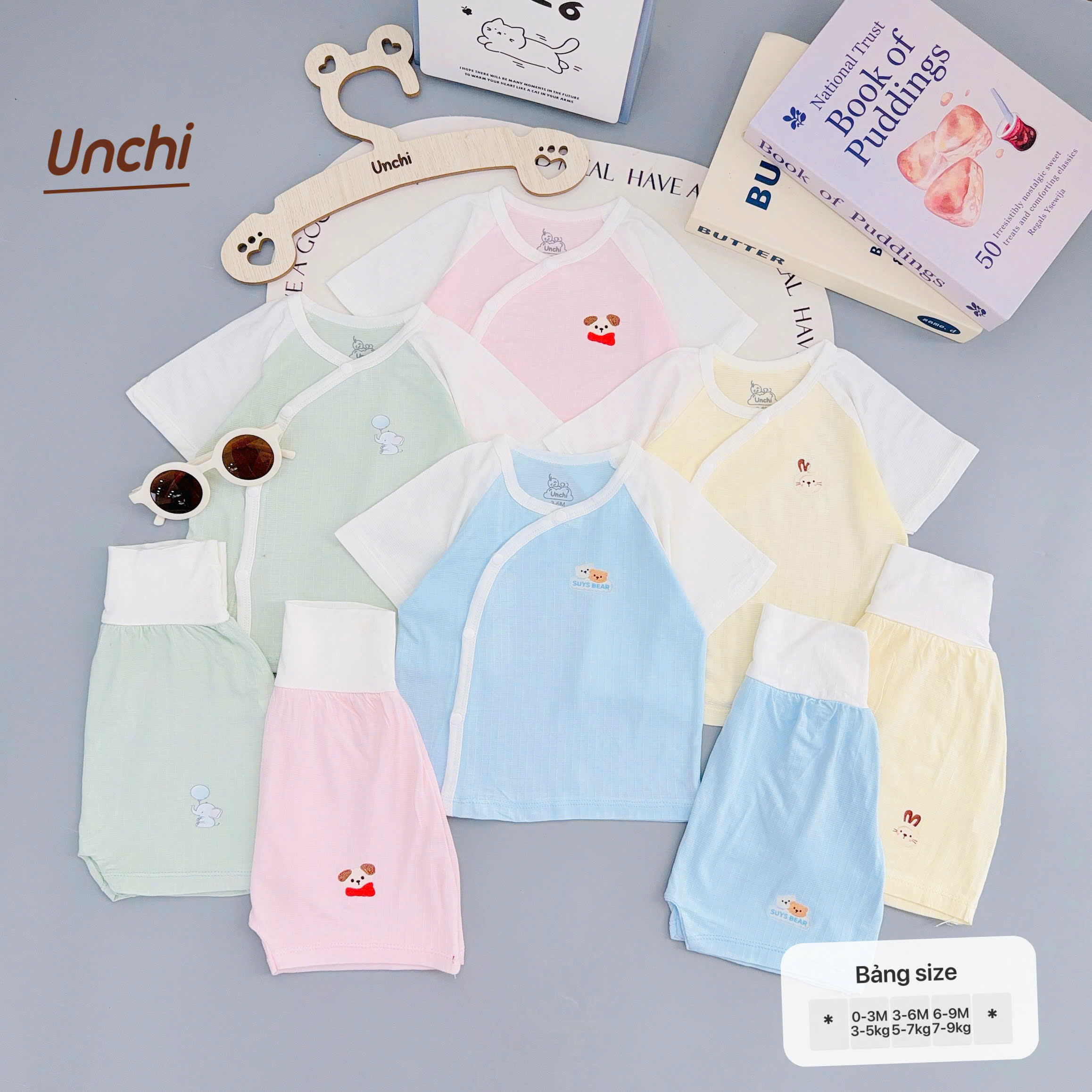 ( UC19 ) Bộ cộc tay sơ sinh Unchi cạp cao, bamboo sợi tre vân nổi