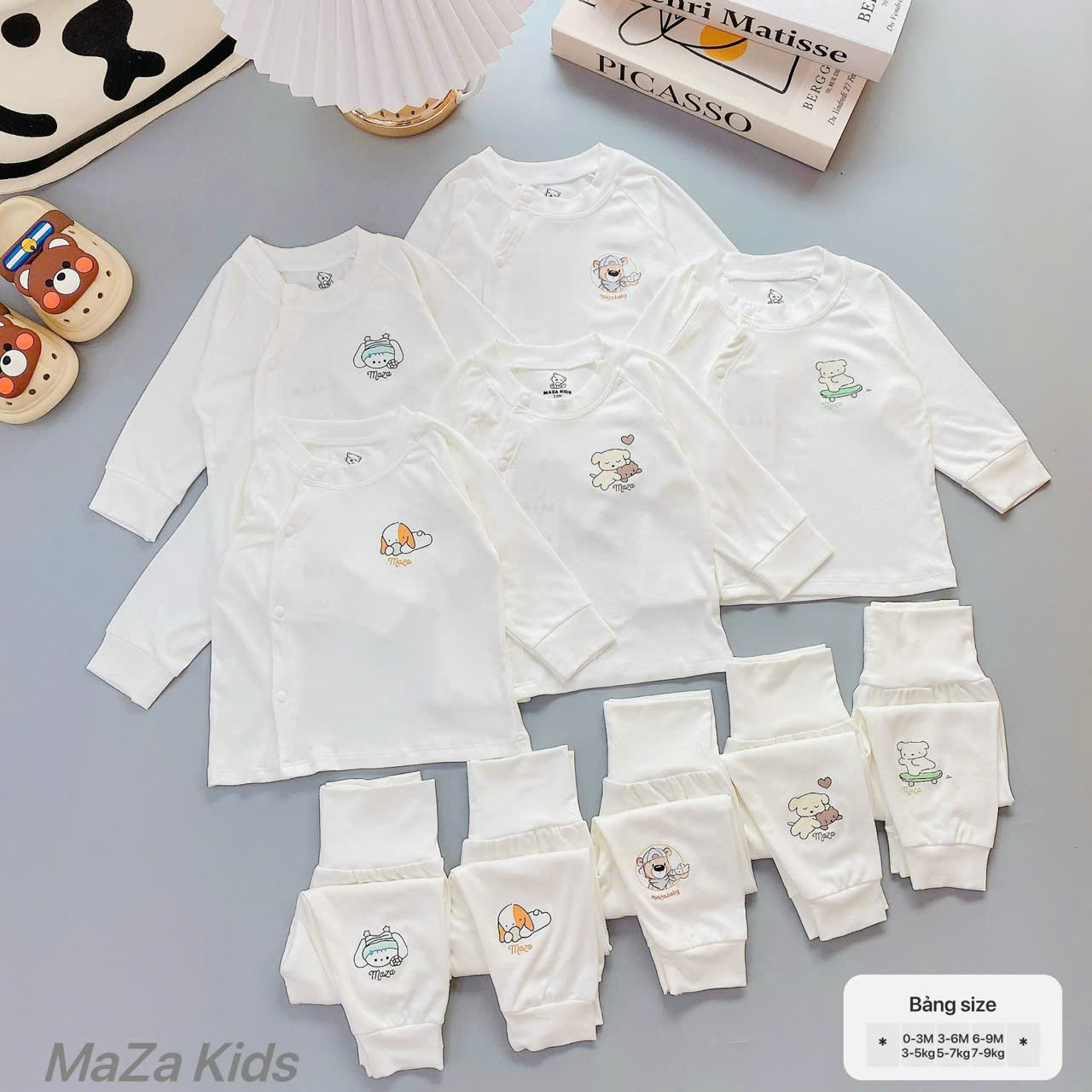 ( MD2 ) Bộ quần áo dài tay Thun lụa Mazza Cạp cao vải Tencel trắng trơn cho bé 0-9M