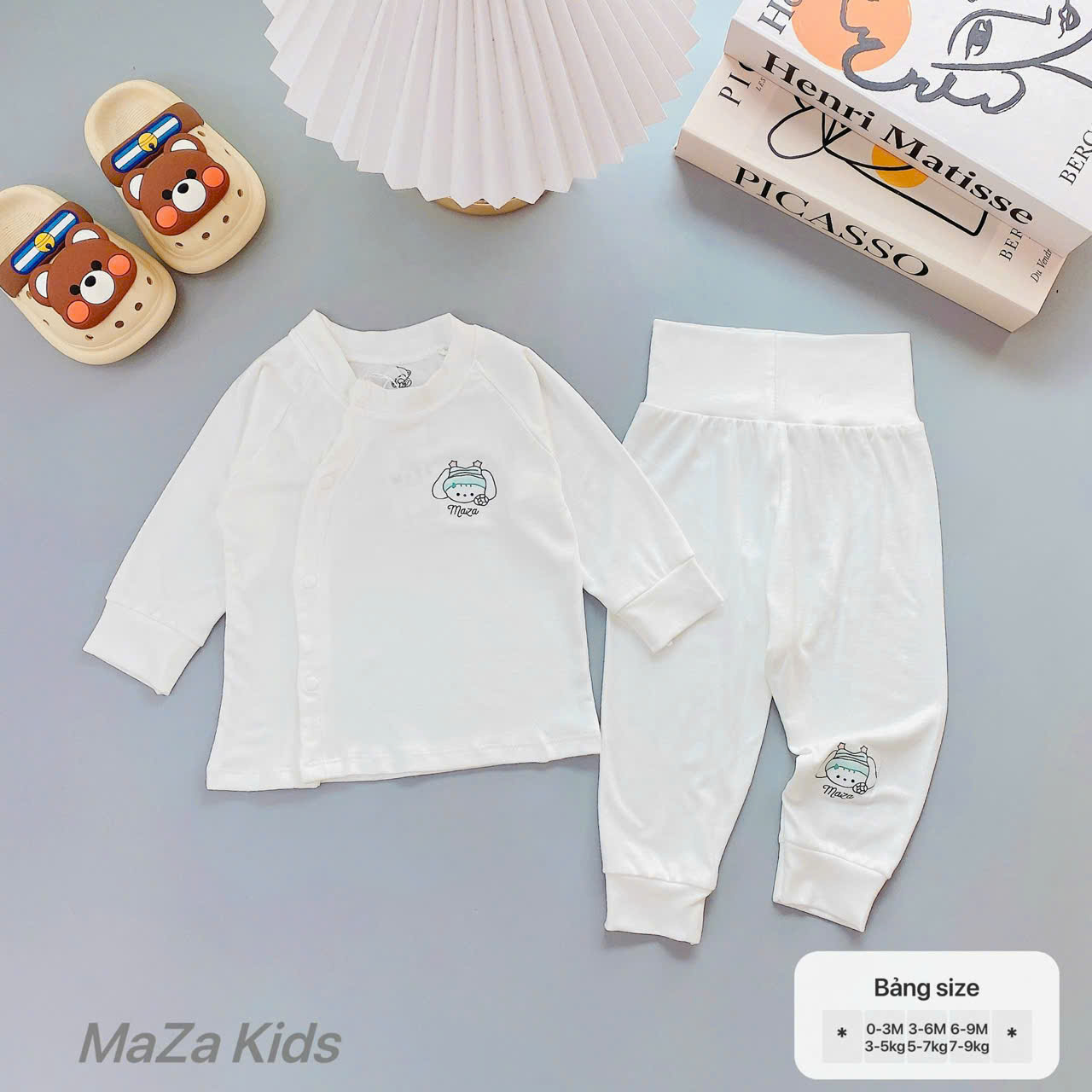 ( MD2 ) Bộ quần áo dài tay Thun lụa Mazza Cạp cao vải Tencel trắng trơn cho bé 0-9M — ảnh 3
