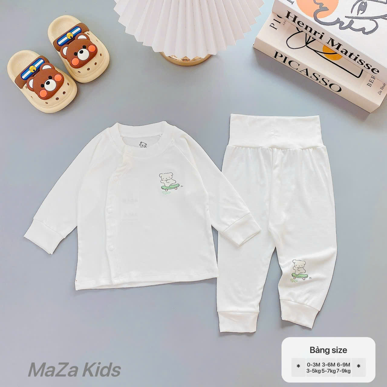 ( MD2 ) Bộ quần áo dài tay Thun lụa Mazza Cạp cao vải Tencel trắng trơn cho bé 0-9M — ảnh 5