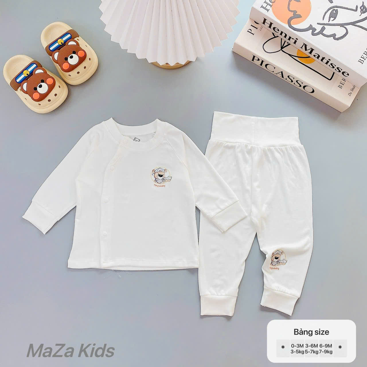 ( MD2 ) Bộ quần áo dài tay Thun lụa Mazza Cạp cao vải Tencel trắng trơn cho bé 0-9M — ảnh 7