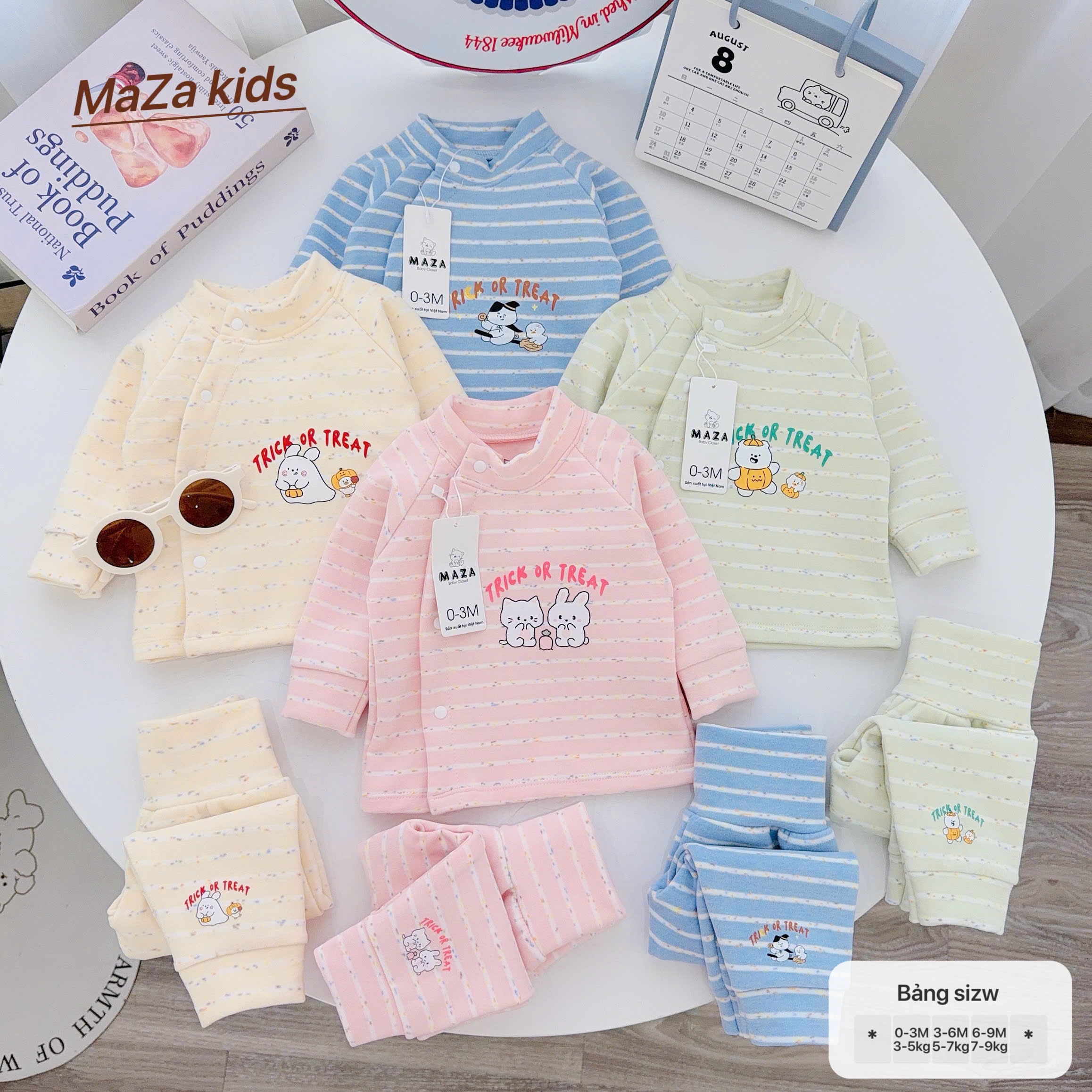 ( Form Nhỏ ) MD6 Bộ dài tay sơ sinh MAZA chất nỉ giữ nhiệt màu kẻ quần cạo cao cho bé 0-9 tháng