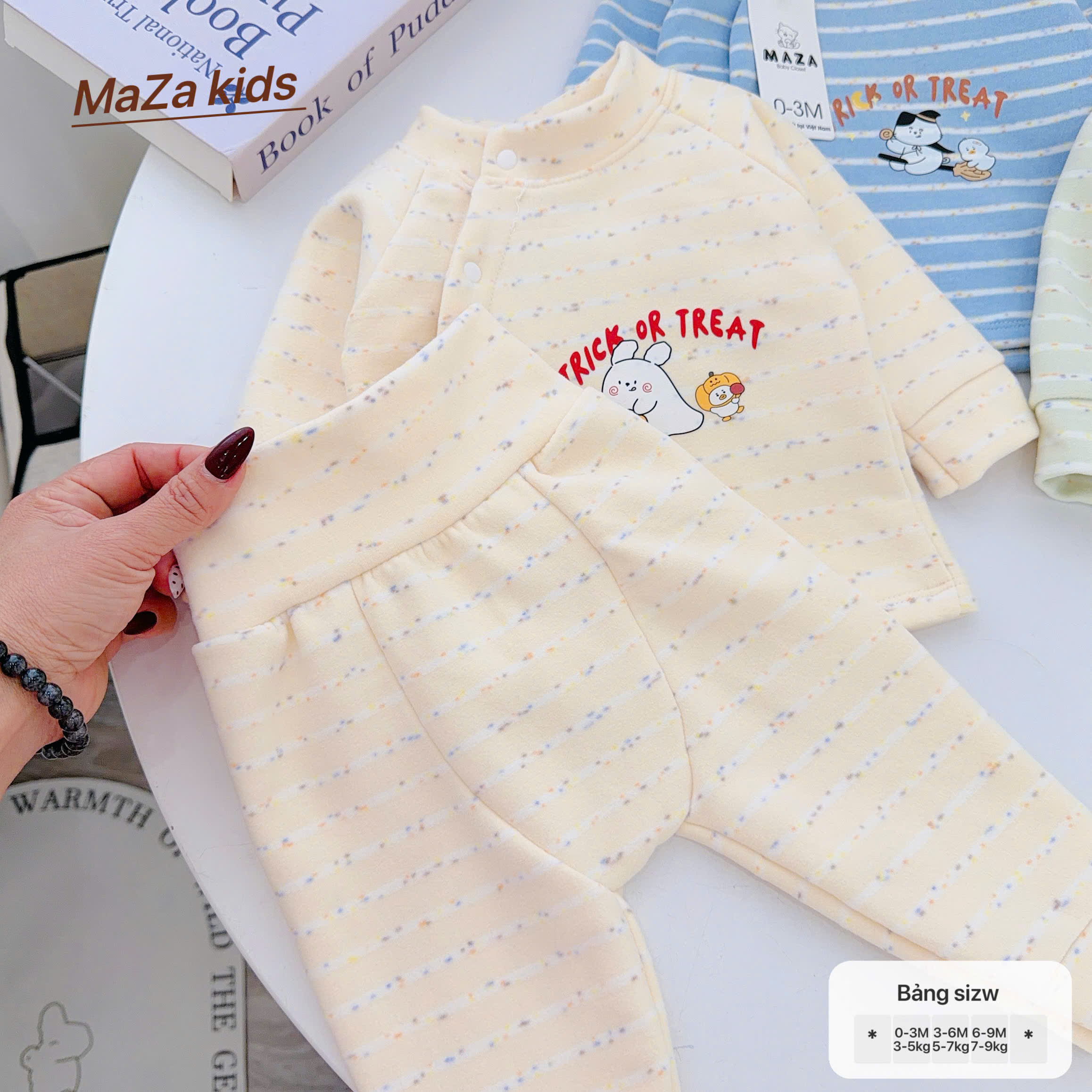 ( Form Nhỏ ) MD6 Bộ dài tay sơ sinh MAZA chất nỉ giữ nhiệt màu kẻ quần cạo cao cho bé 0-9 tháng — ảnh 2