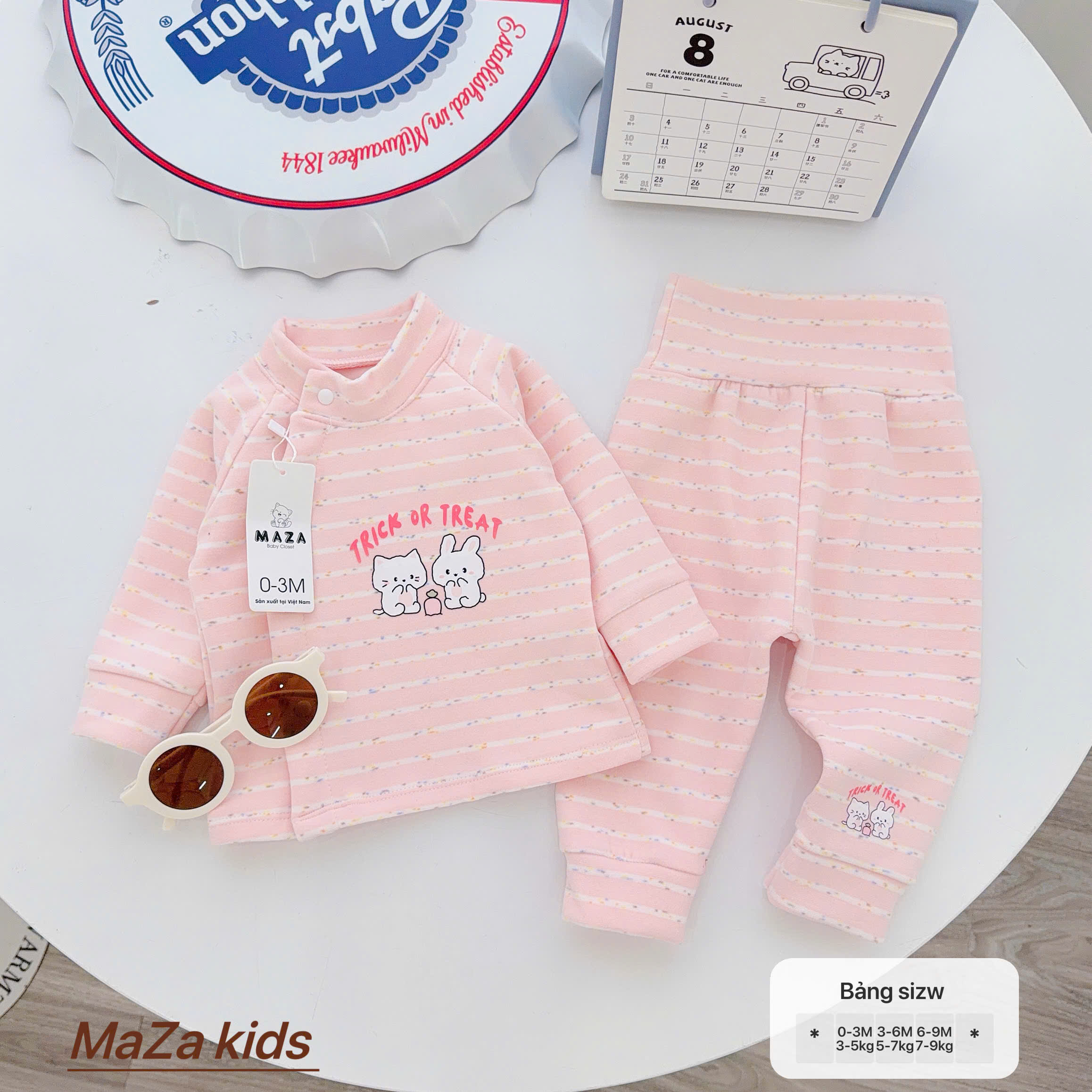 ( Form Nhỏ ) MD6 Bộ dài tay sơ sinh MAZA chất nỉ giữ nhiệt màu kẻ quần cạo cao cho bé 0-9 tháng — ảnh 3