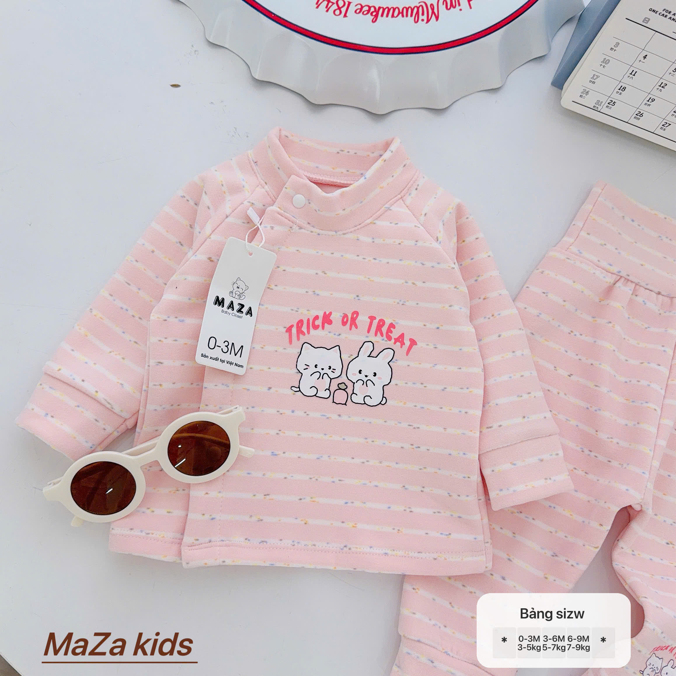 ( Form Nhỏ ) MD6 Bộ dài tay sơ sinh MAZA chất nỉ giữ nhiệt màu kẻ quần cạo cao cho bé 0-9 tháng — ảnh 5