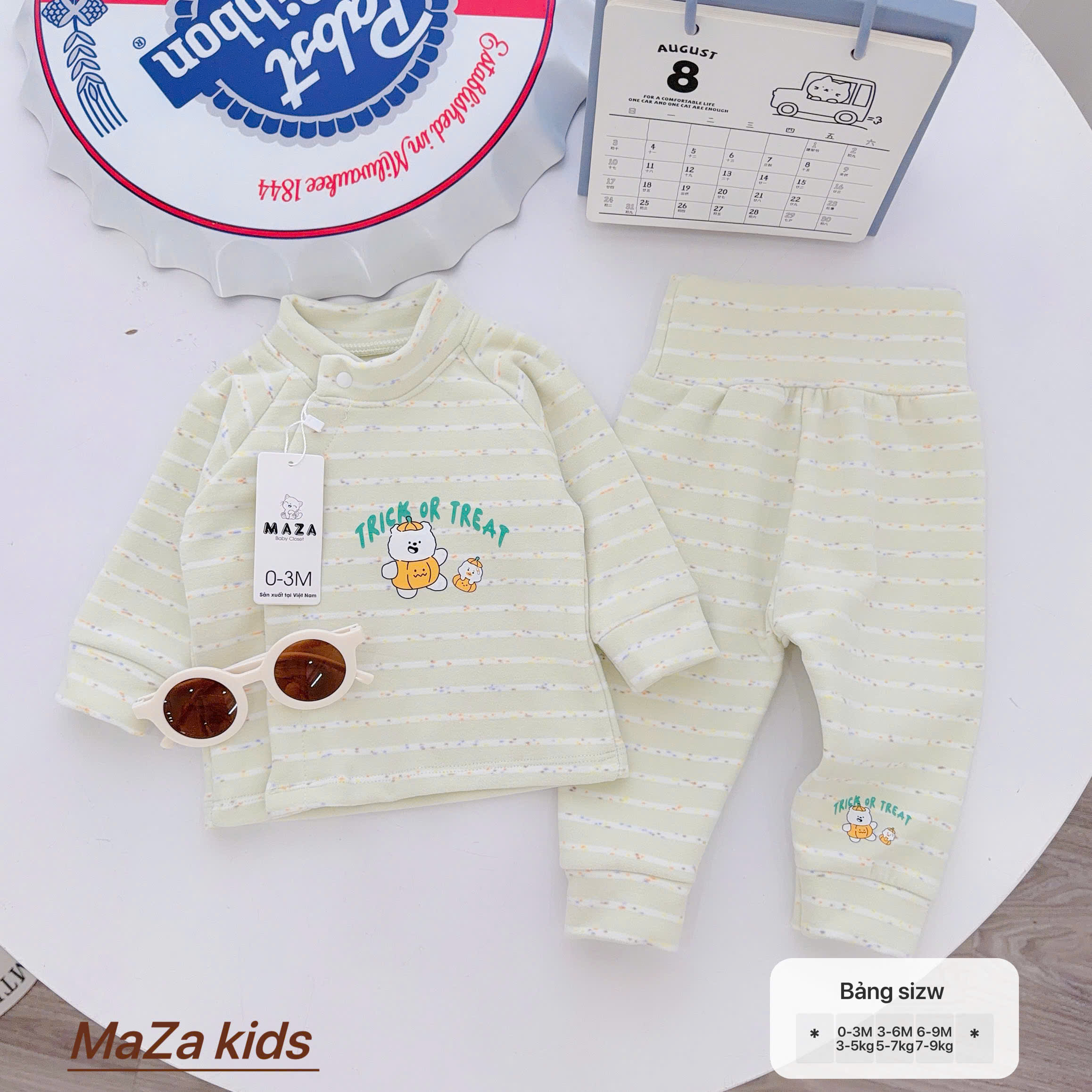 ( Form Nhỏ ) MD6 Bộ dài tay sơ sinh MAZA chất nỉ giữ nhiệt màu kẻ quần cạo cao cho bé 0-9 tháng — ảnh 6