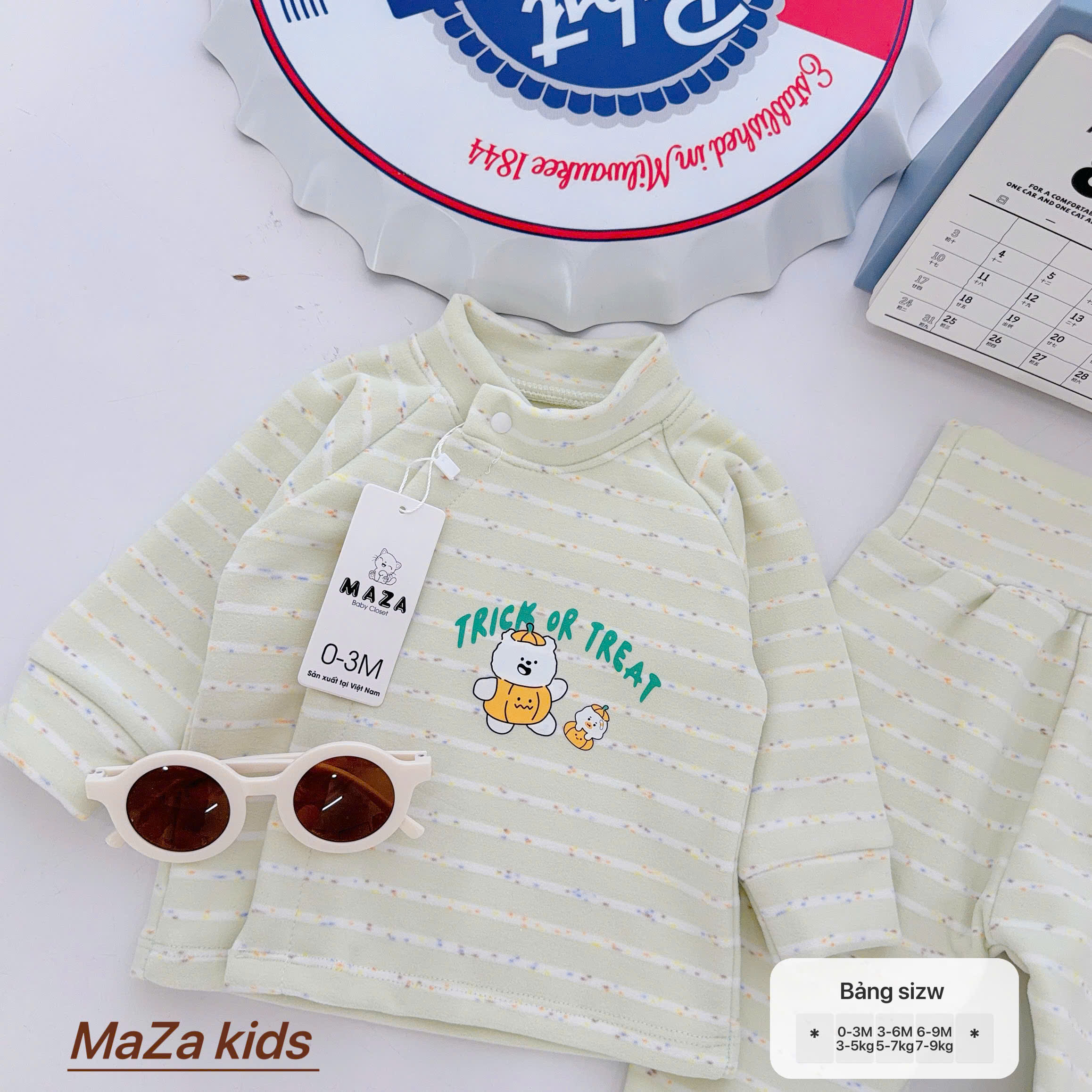 ( Form Nhỏ ) MD6 Bộ dài tay sơ sinh MAZA chất nỉ giữ nhiệt màu kẻ quần cạo cao cho bé 0-9 tháng — ảnh 7