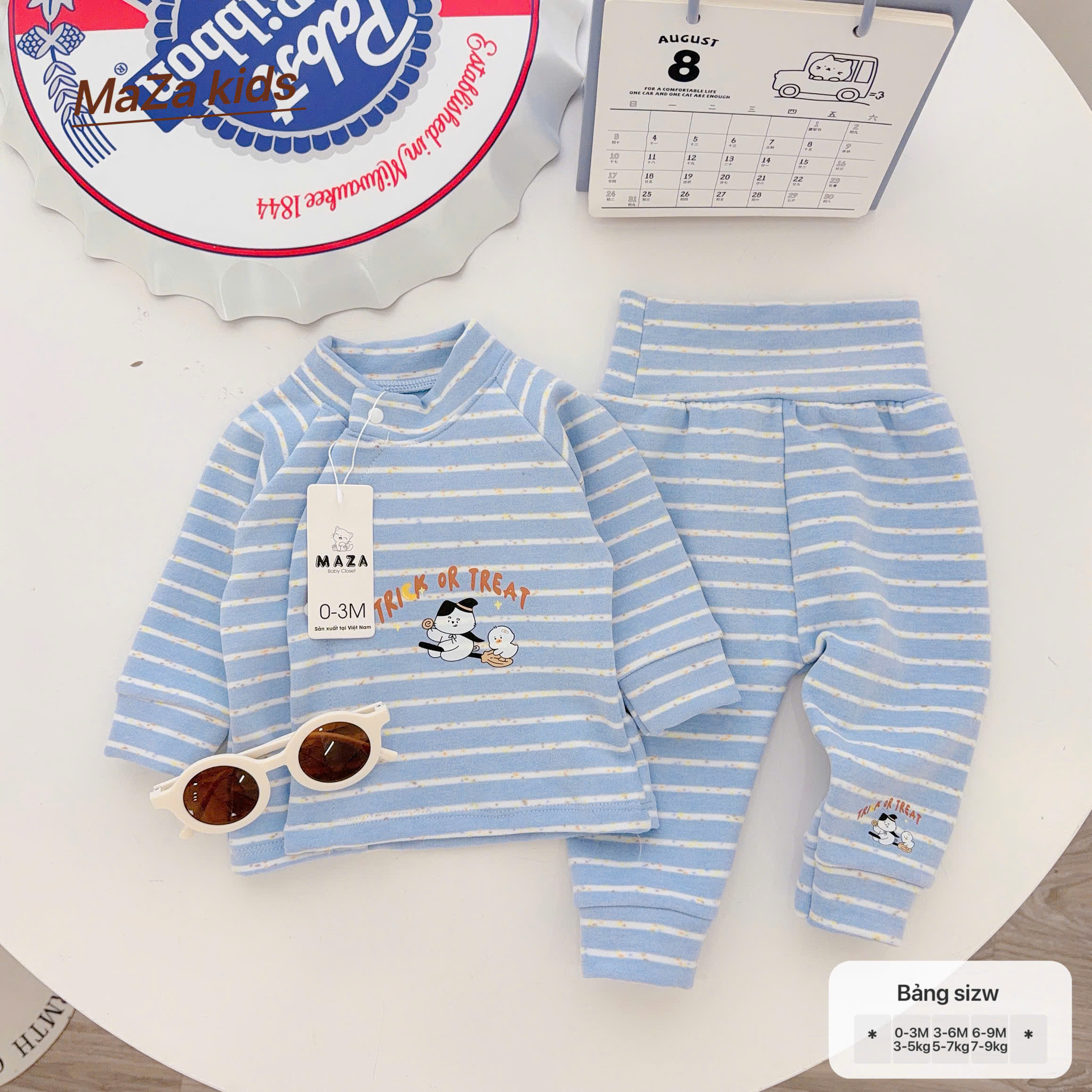 ( Form Nhỏ ) MD6 Bộ dài tay sơ sinh MAZA chất nỉ giữ nhiệt màu kẻ quần cạo cao cho bé 0-9 tháng — ảnh 9
