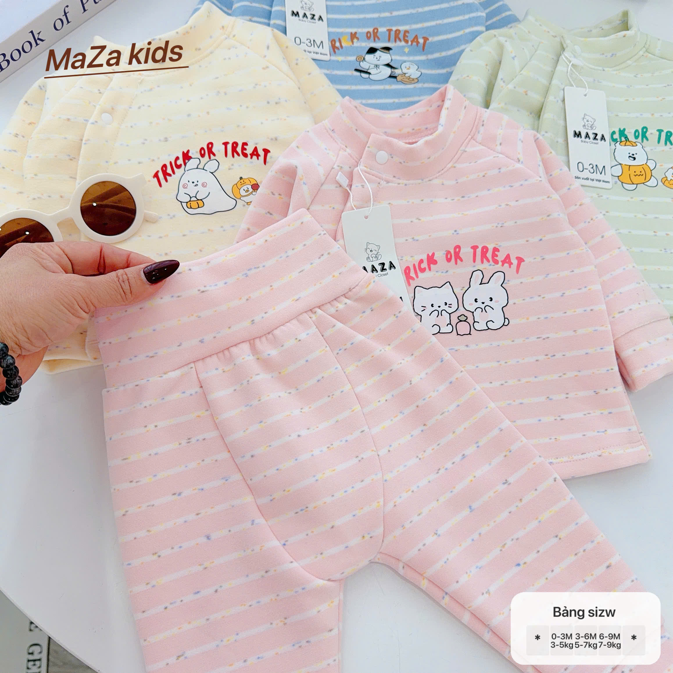 ( Form Nhỏ ) MD6 Bộ dài tay sơ sinh MAZA chất nỉ giữ nhiệt màu kẻ quần cạo cao cho bé 0-9 tháng — ảnh 10