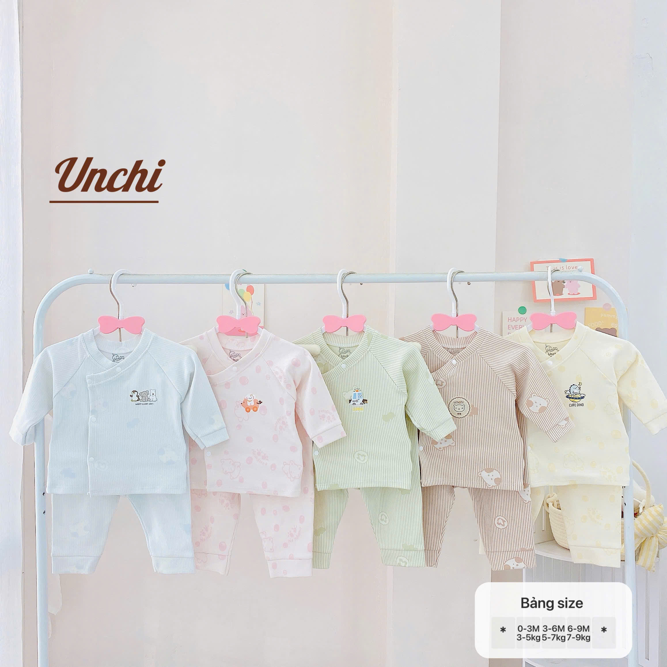 ( UD17 ) Bộ Sơ Sinh Thu Đông Unchi Vải nỉ Tăm, Nỉ cotton In Họa Tiết cho bé 0-9 tháng
