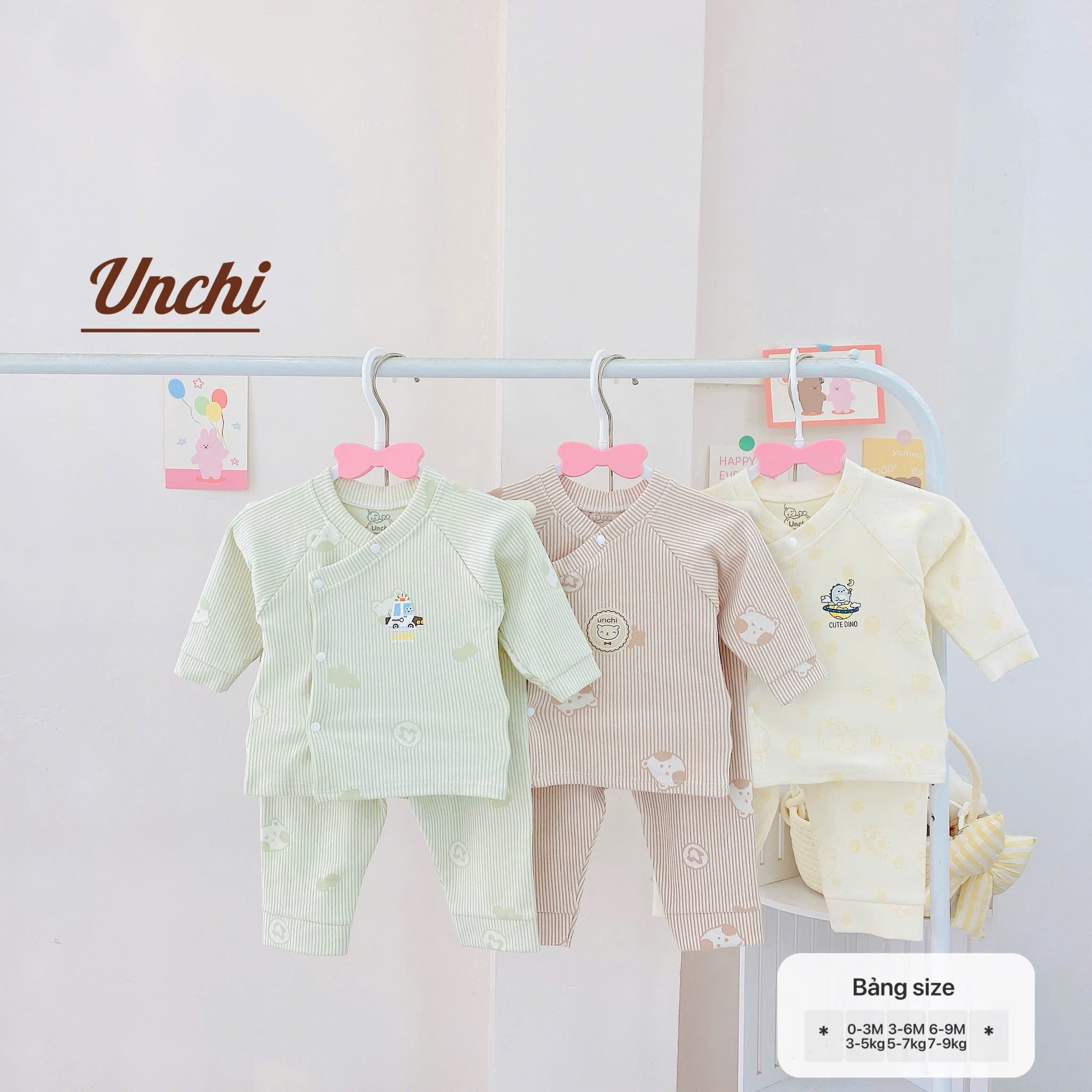( UD17 ) Bộ Sơ Sinh Thu Đông Unchi Vải nỉ Tăm, Nỉ cotton In Họa Tiết cho bé 0-9 tháng — ảnh 2