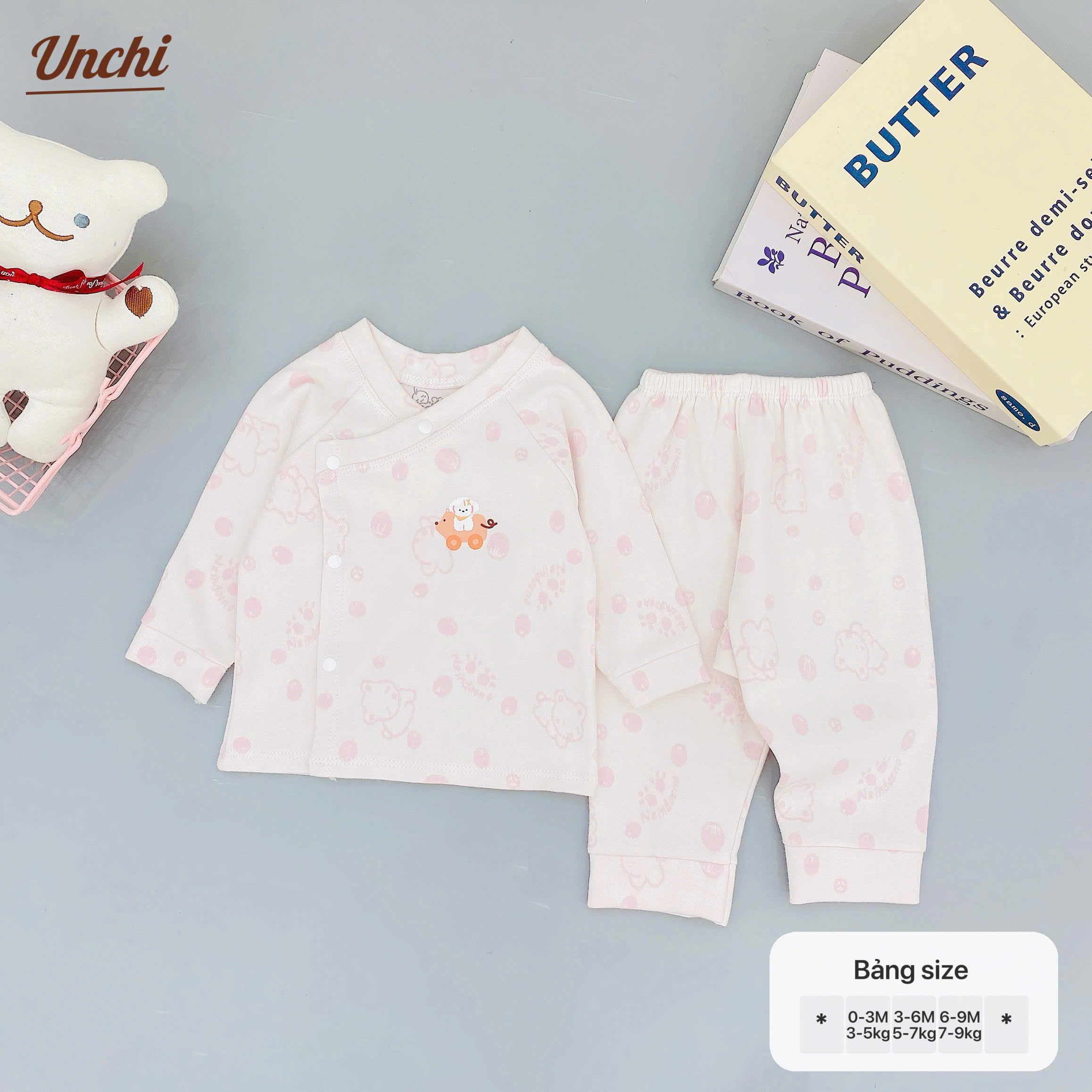 ( UD17 ) Bộ Sơ Sinh Thu Đông Unchi Vải nỉ Tăm, Nỉ cotton In Họa Tiết cho bé 0-9 tháng — ảnh 10