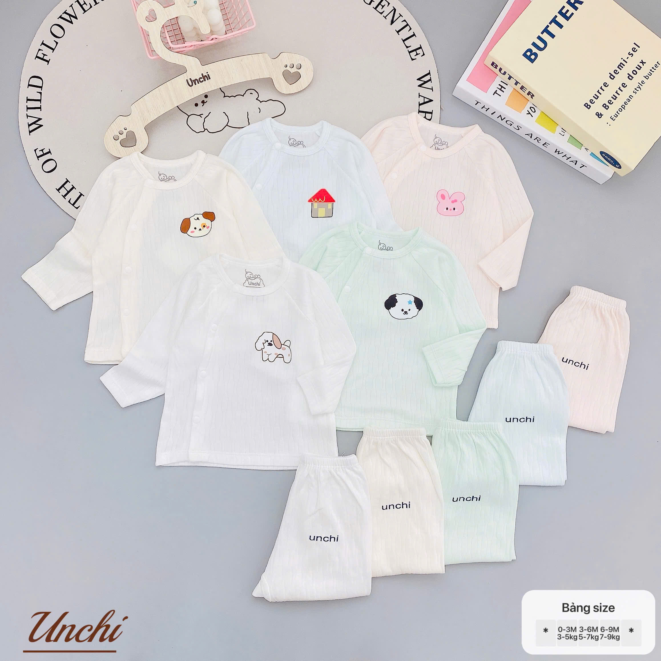 ( UD11 ) Bộ Quần Áo Unchi Chất Liệu Cottong Nỉ Thông Hơi cho bé Từ 0 -9 tháng 3-9kg Thiết Kế Dễ Thương Size 0-3M 3-6M 6-9M