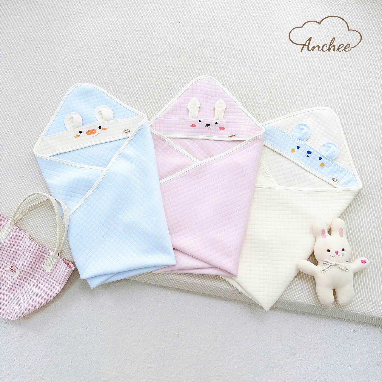 ( UA2 ) Ủ Choàng xốp 4 mùa phối tai thú Anchee mã mới cho bé từ sơ sinh, Chất Liệu Xốp Hàn Cotton kháng khuẩn, mềm mại, Kích Thước 80x80cm
