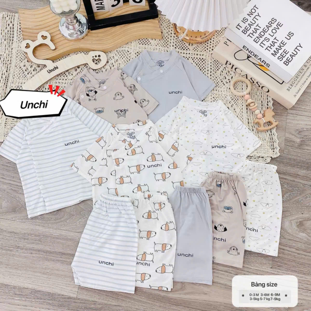 ( UC2 ) Bộ cộc tay sơ sinh Unchi vạt áo 2 lớp, vải petit mềm mát họa tiết mây cho bé 0-9 tháng