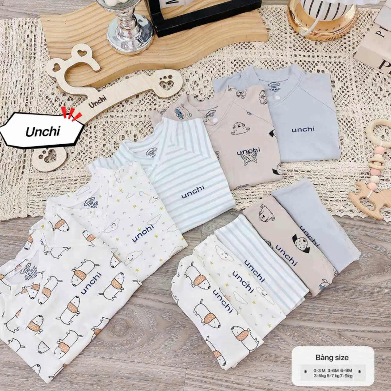 ( UC2 ) Bộ cộc tay sơ sinh Unchi vạt áo 2 lớp, vải petit mềm mát họa tiết mây cho bé 0-9 tháng — ảnh 2