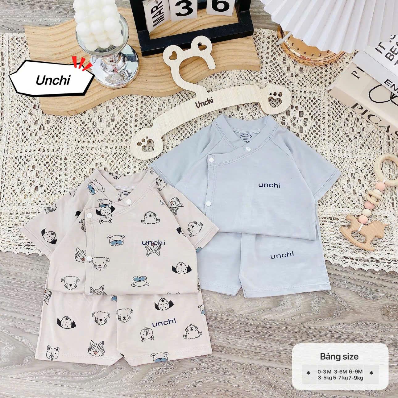 ( UC2 ) Bộ cộc tay sơ sinh Unchi vạt áo 2 lớp, vải petit mềm mát họa tiết mây cho bé 0-9 tháng — ảnh 4