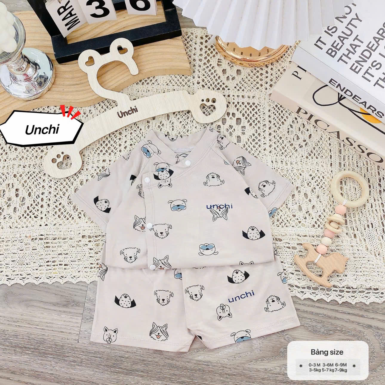 ( UC2 ) Bộ cộc tay sơ sinh Unchi vạt áo 2 lớp, vải petit mềm mát họa tiết mây cho bé 0-9 tháng — ảnh 5