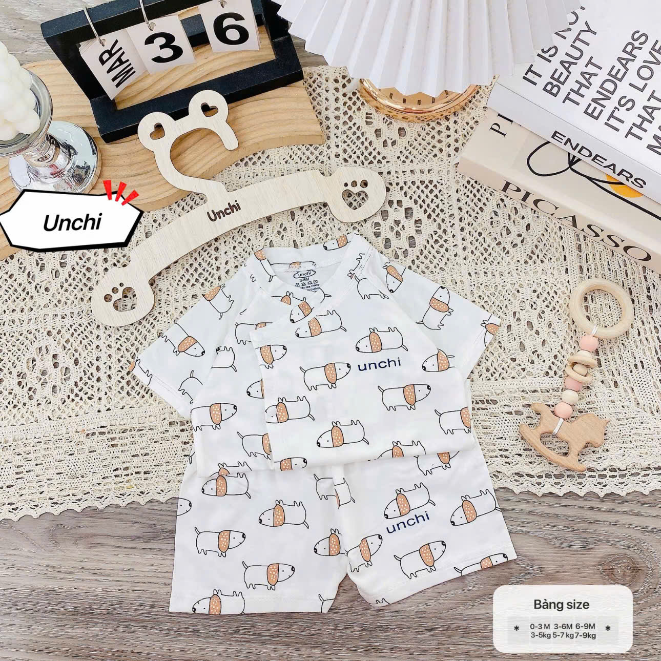 ( UC2 ) Bộ cộc tay sơ sinh Unchi vạt áo 2 lớp, vải petit mềm mát họa tiết mây cho bé 0-9 tháng — ảnh 6
