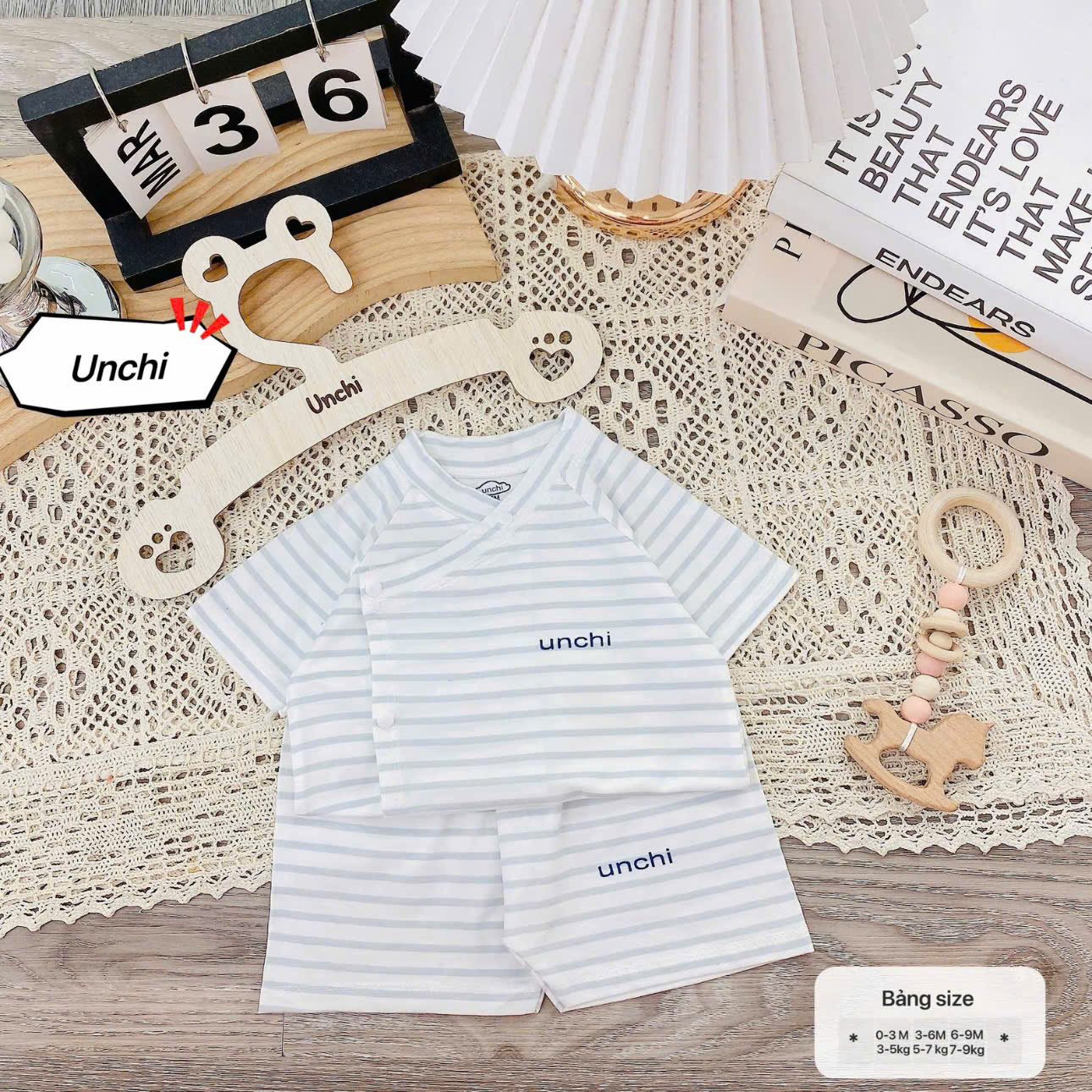 ( UC2 ) Bộ cộc tay sơ sinh Unchi vạt áo 2 lớp, vải petit mềm mát họa tiết mây cho bé 0-9 tháng — ảnh 7