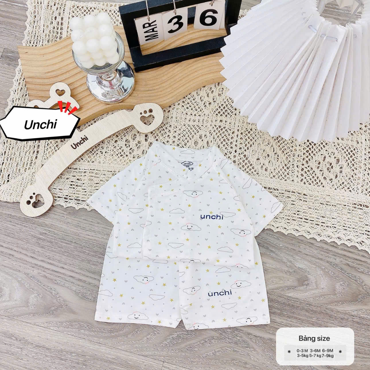( UC2 ) Bộ cộc tay sơ sinh Unchi vạt áo 2 lớp, vải petit mềm mát họa tiết mây cho bé 0-9 tháng — ảnh 8