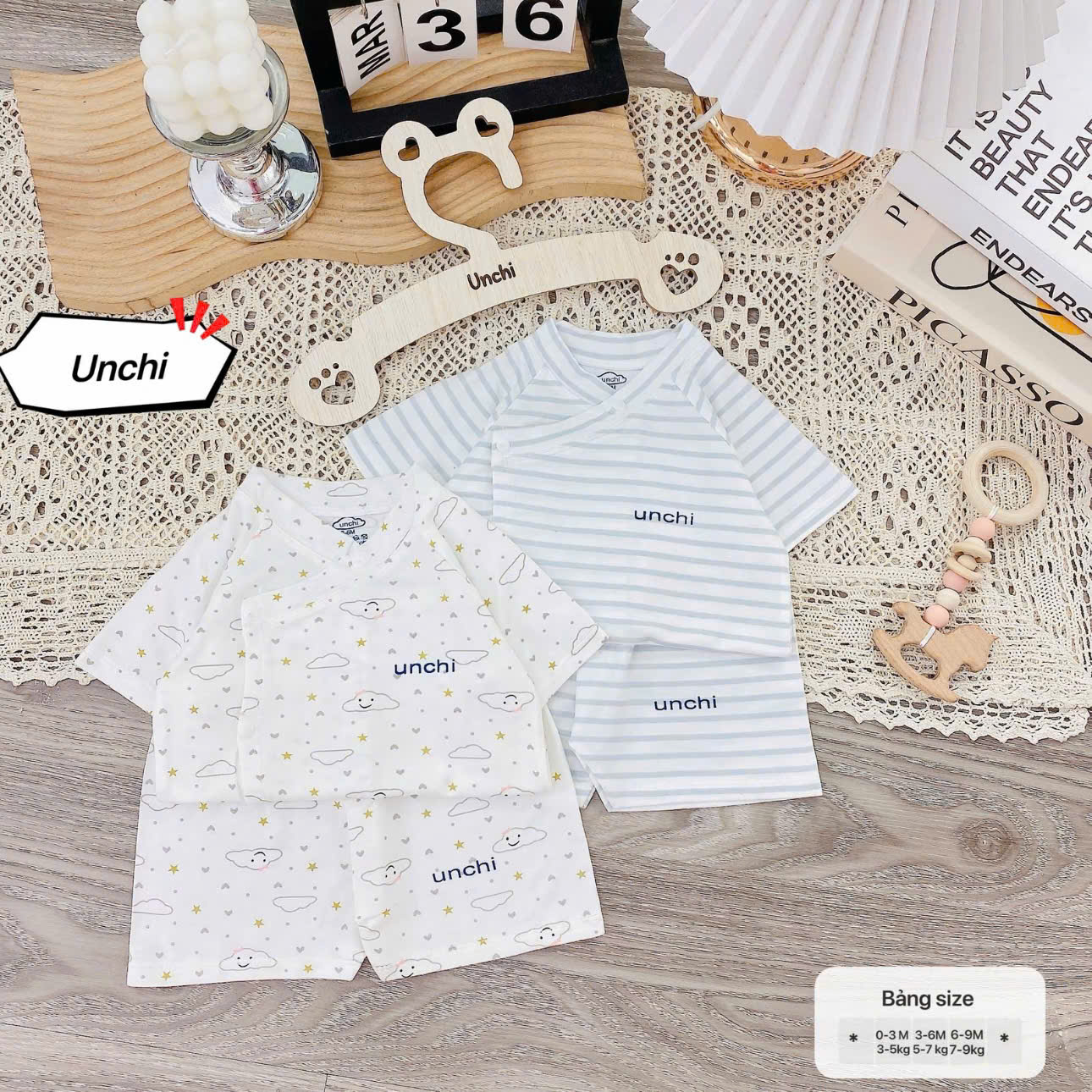 ( UC2 ) Bộ cộc tay sơ sinh Unchi vạt áo 2 lớp, vải petit mềm mát họa tiết mây cho bé 0-9 tháng — ảnh 9